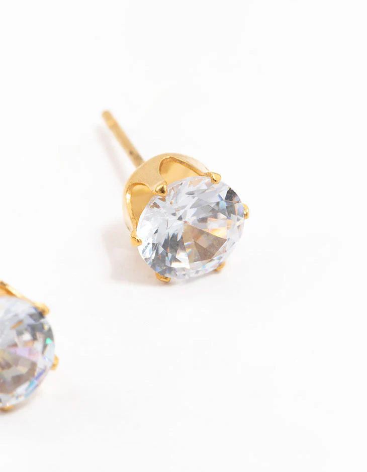 Waterproof Gold Plated Stainless Steel Cubic Zirconia Stud Earrings 7 MM - Image 3
