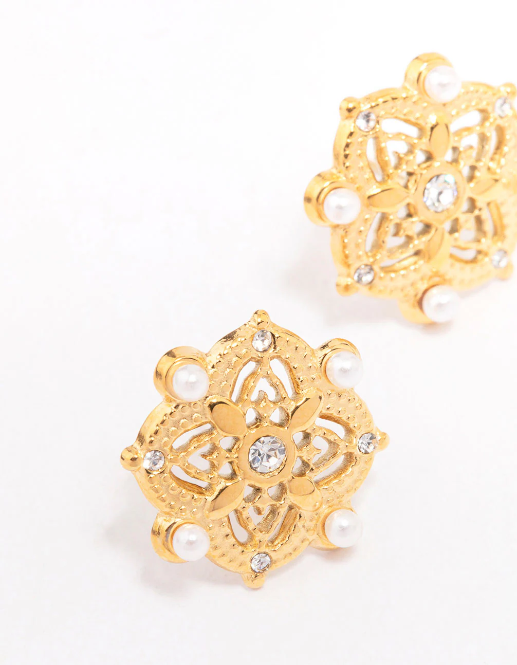 Waterproof Gold Plated Stainless Steel Diamante & Pearl Boho Stud Earrings - Image 2