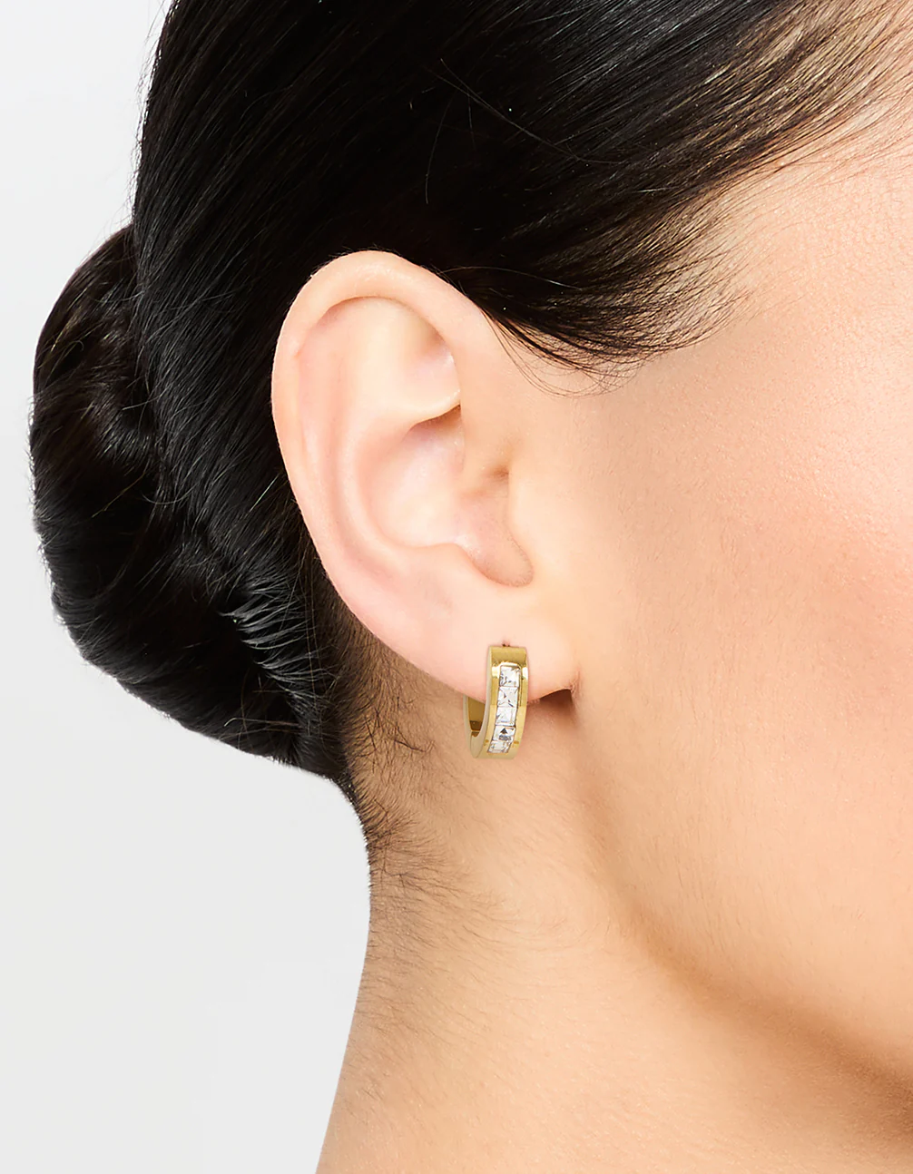 Waterproof Gold Plated Stainless Steel Square Cut Diamante Huggie Earrings
