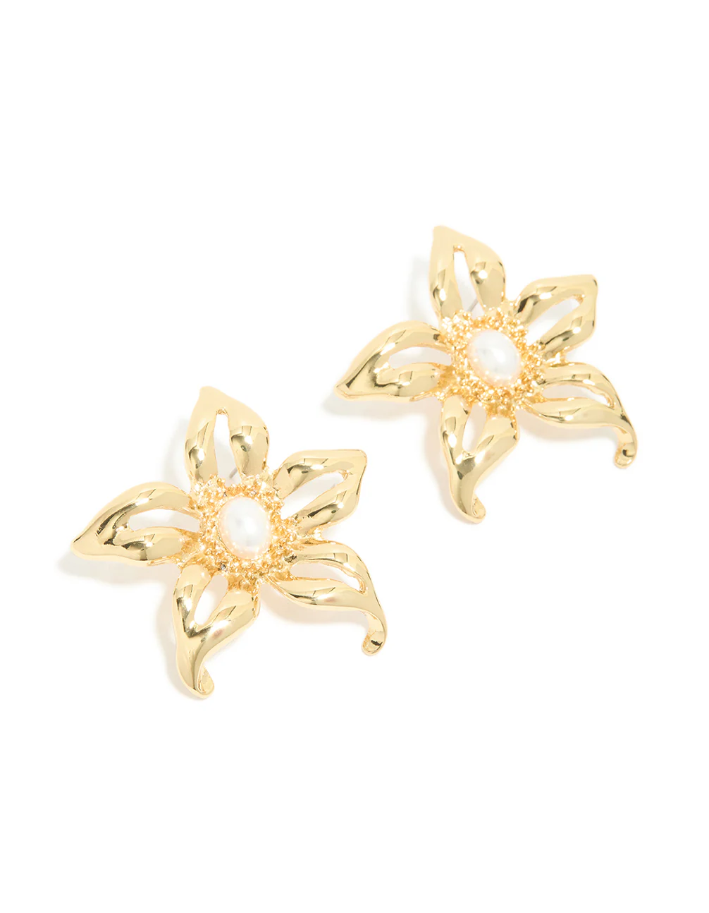 Gold Plated Statement Pearl Flower Earrings - Image 2