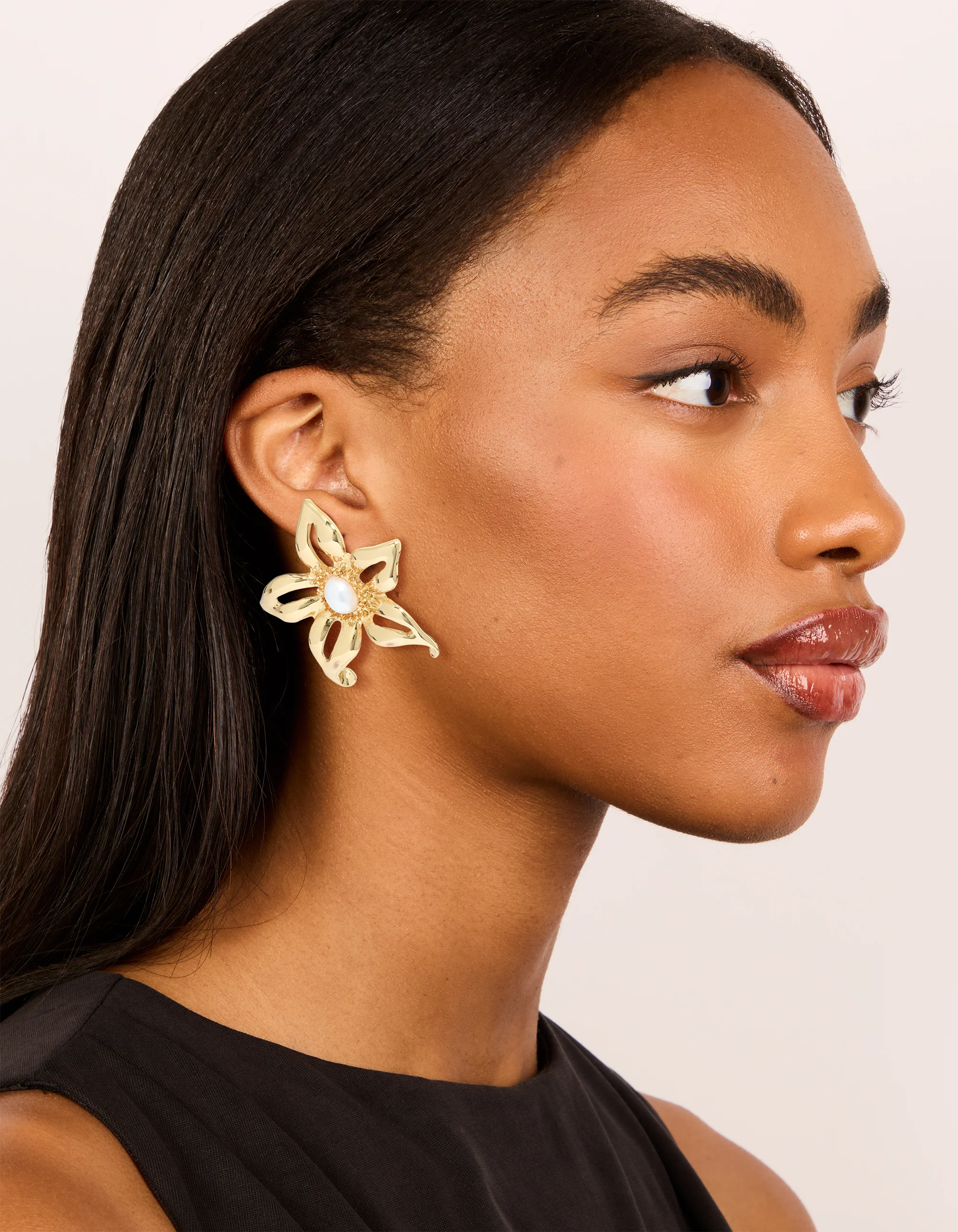 Gold Plated Statement Pearl Flower Earrings - Image 3