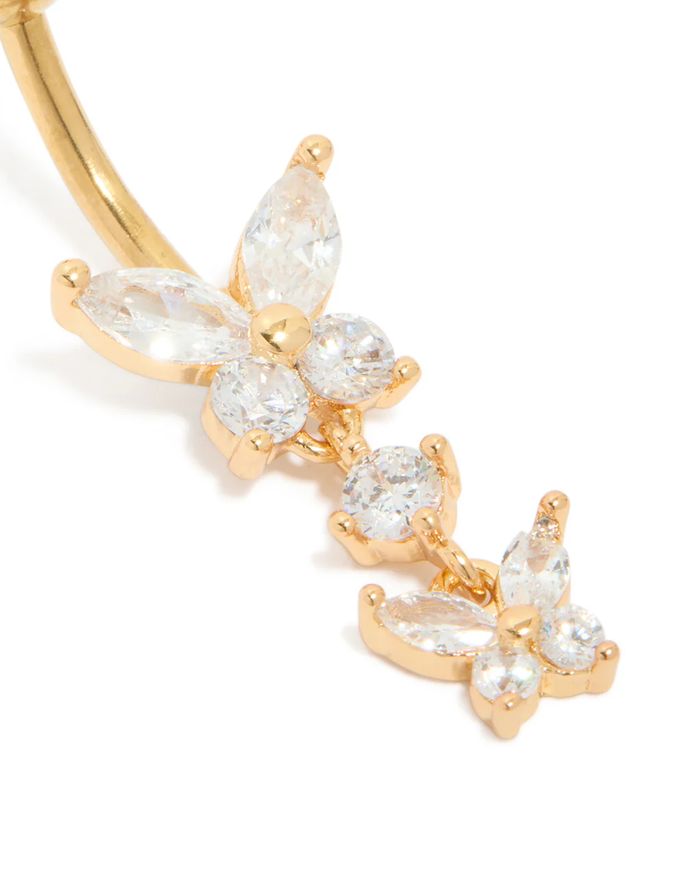 Gold Plated Surgical Steel Cubic Zirconia Double Butterfly Belly Bar - Image 2