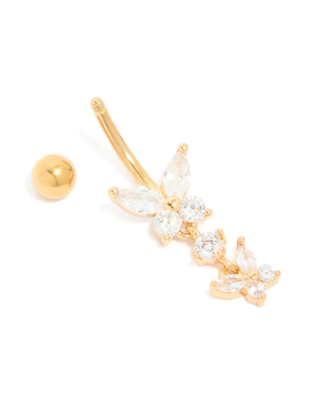 Gold Plated Surgical Steel Cubic Zirconia Double Butterfly Belly Bar - Image 3
