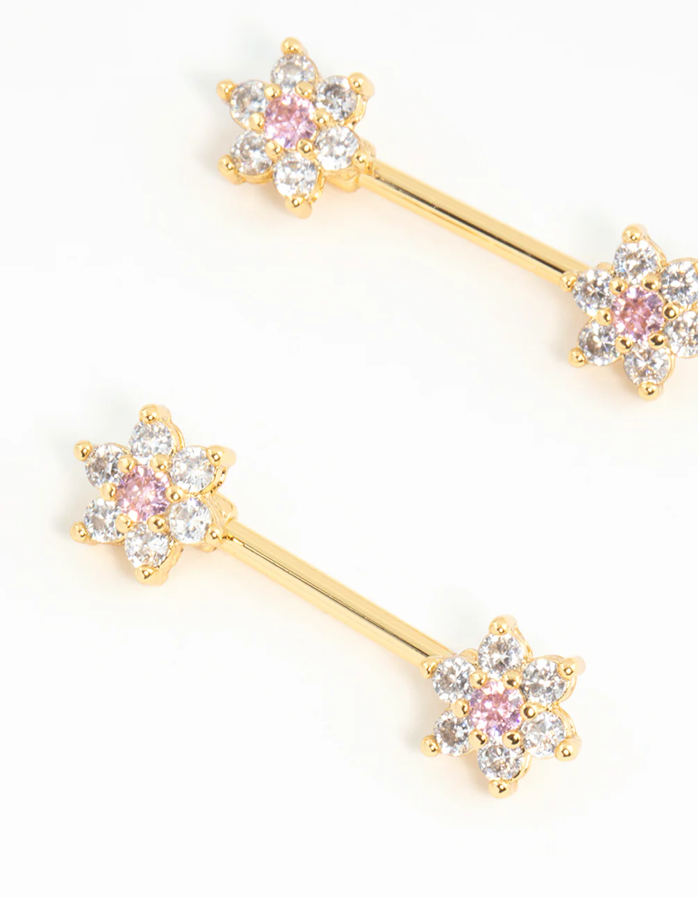 Gold Plated Surgical Steel Cubic Zirconia Flower Nipple Bars 2-Pack - Image 2