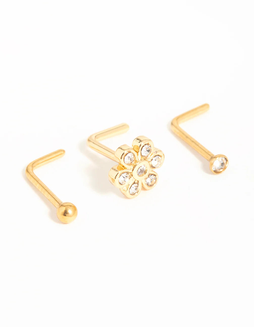 Gold Plated Surgical Steel Cubic Zirconia Flower Nose Piercings 3-Pack