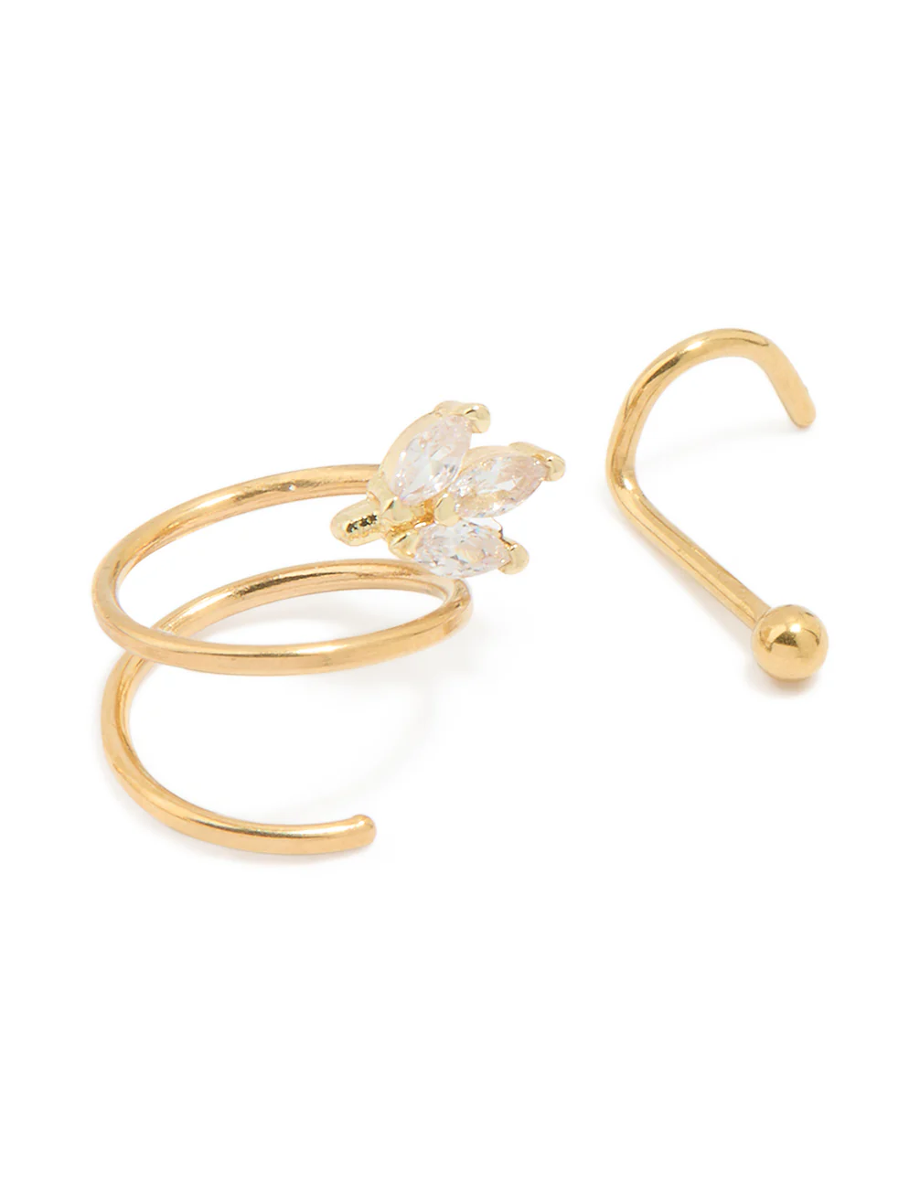 Gold Plated Surgical Steel Cubic Zirconia Hook & Nose Ring 3-Pack - Image 3