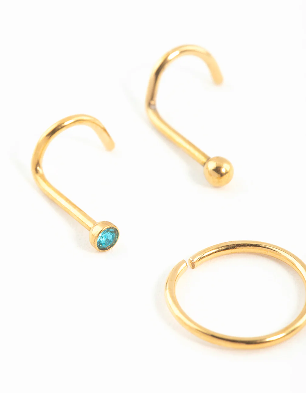 Gold Plated Surgical Steel Teal Diamante Nose Stud & Ring 3-Pack - Image 2