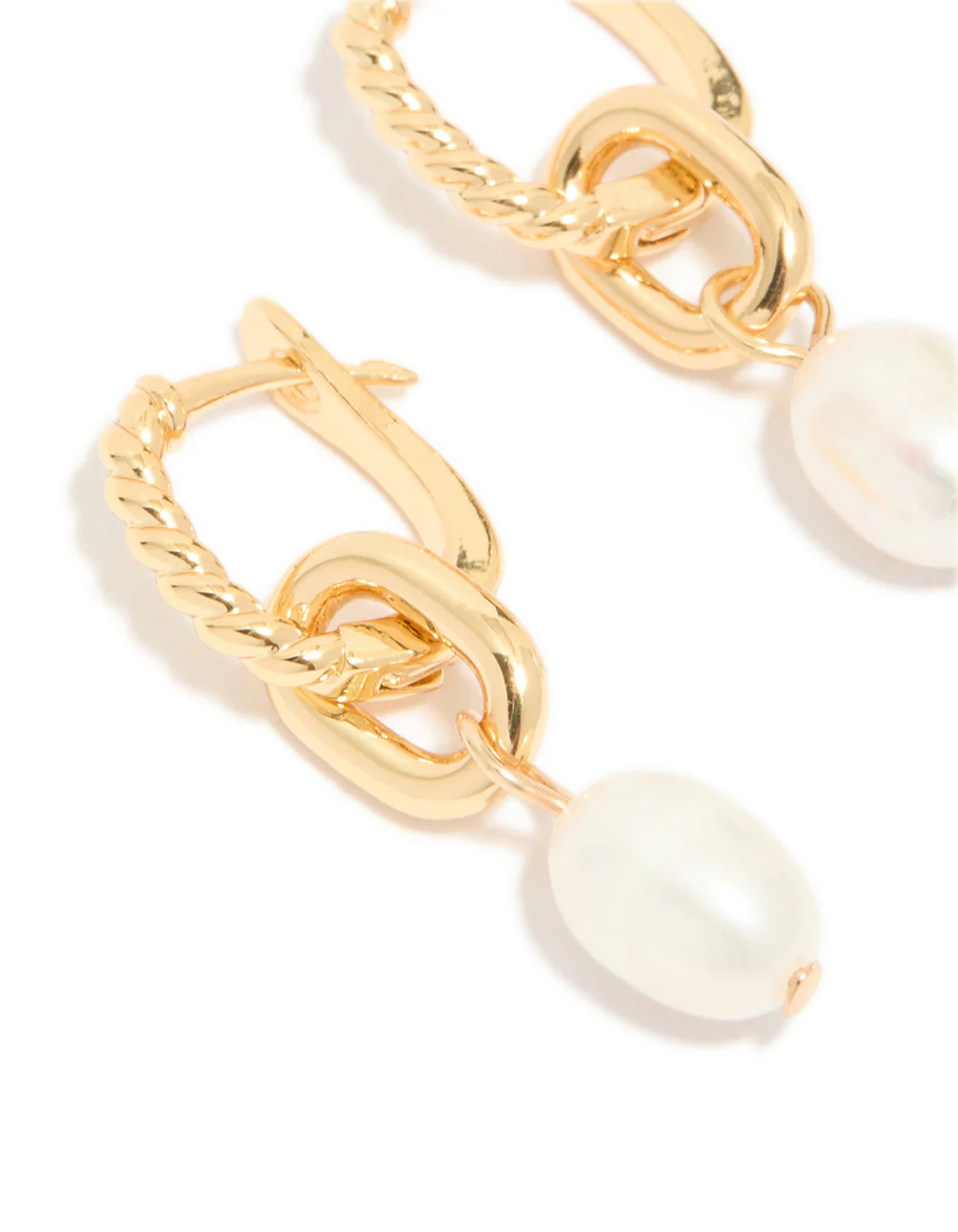 Gold Plated Textured Freshwater Pearl Drop Huggie Earrings - Image 4