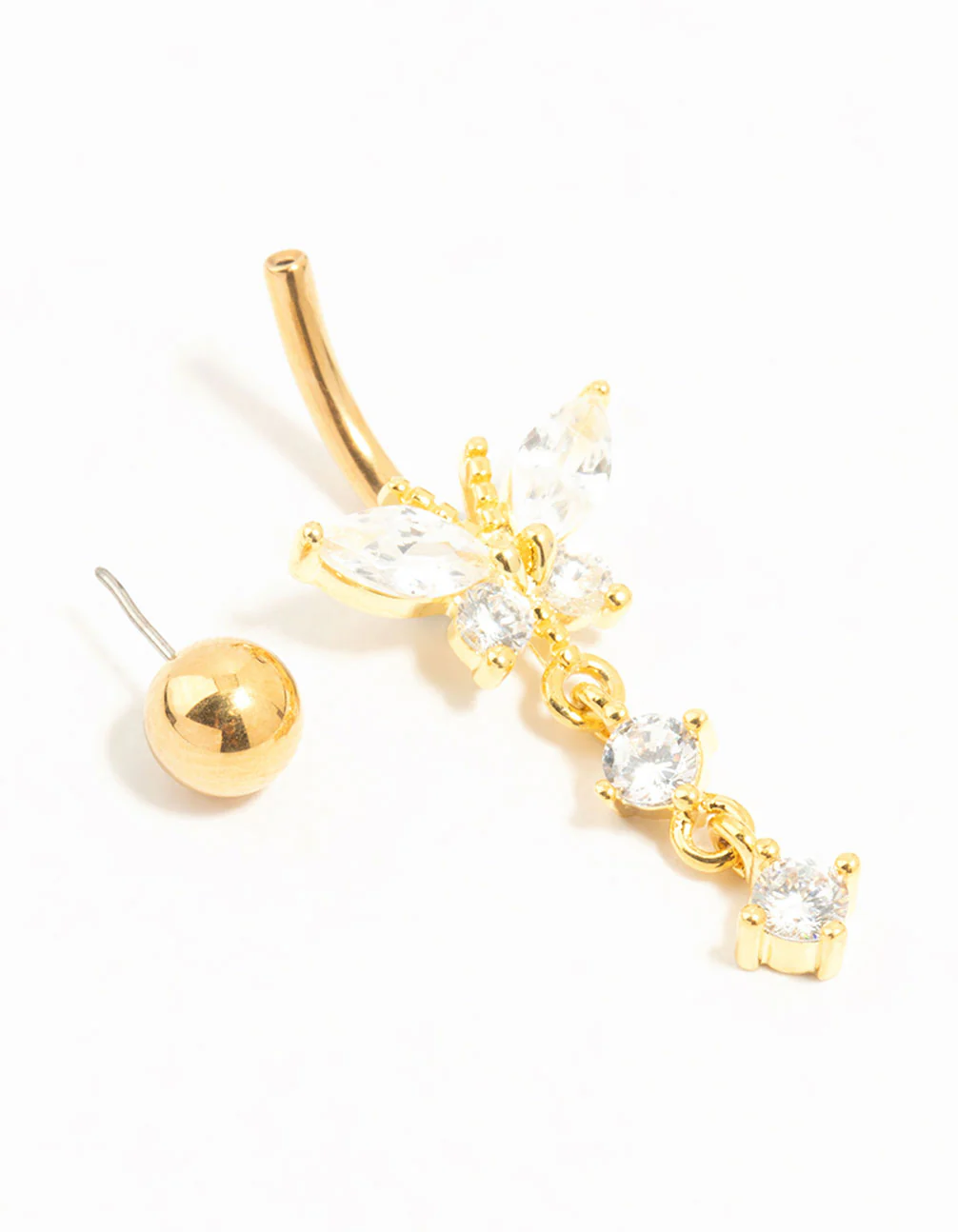 Gold Plated Titanium Cubic Zirconia Butterfly Drop Threadless Belly Bar - Image 2
