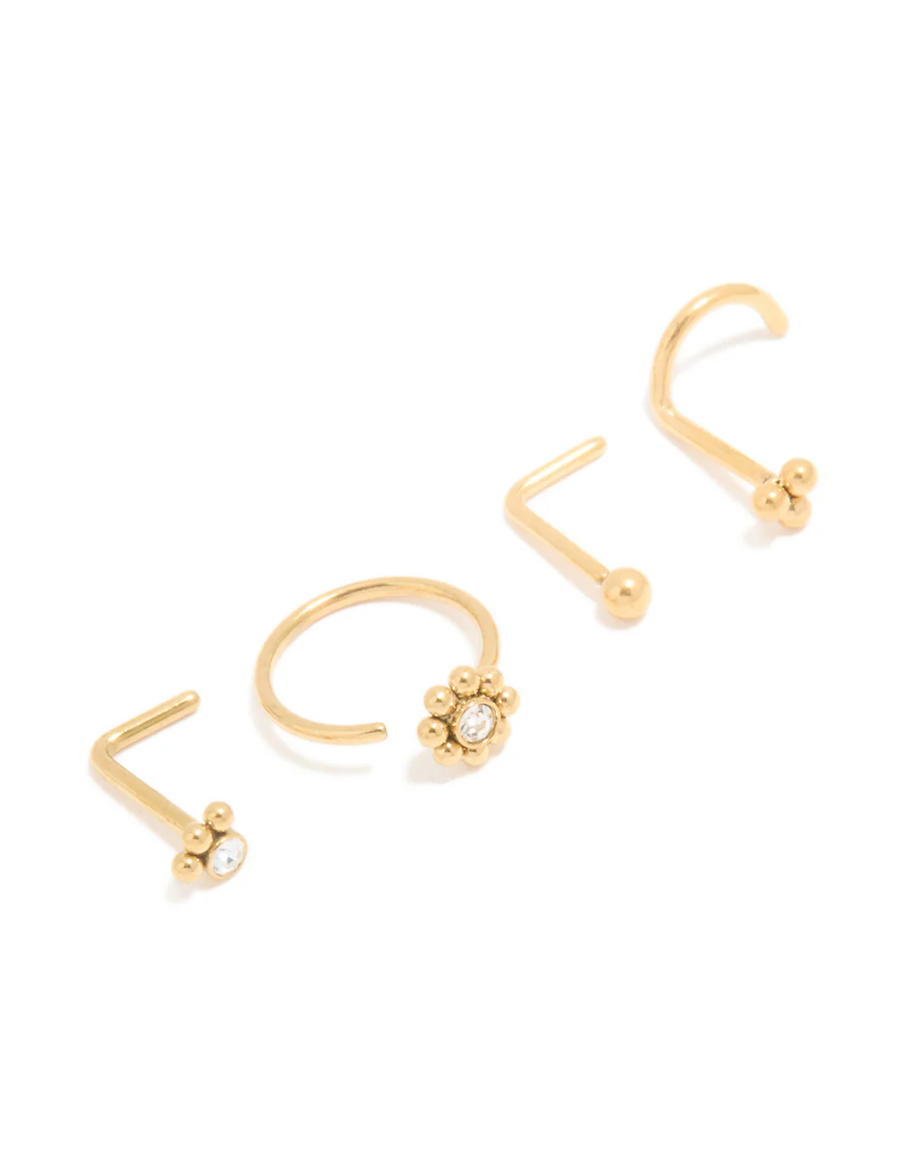 Gold Plated Titanium Cubic Zirconia Floral Nose Ring & Nose Studs 4-Pack