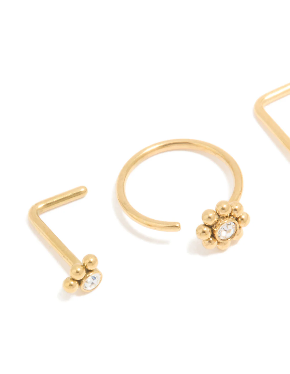 Gold Plated Titanium Cubic Zirconia Floral Nose Ring & Nose Studs 4-Pack - Image 2