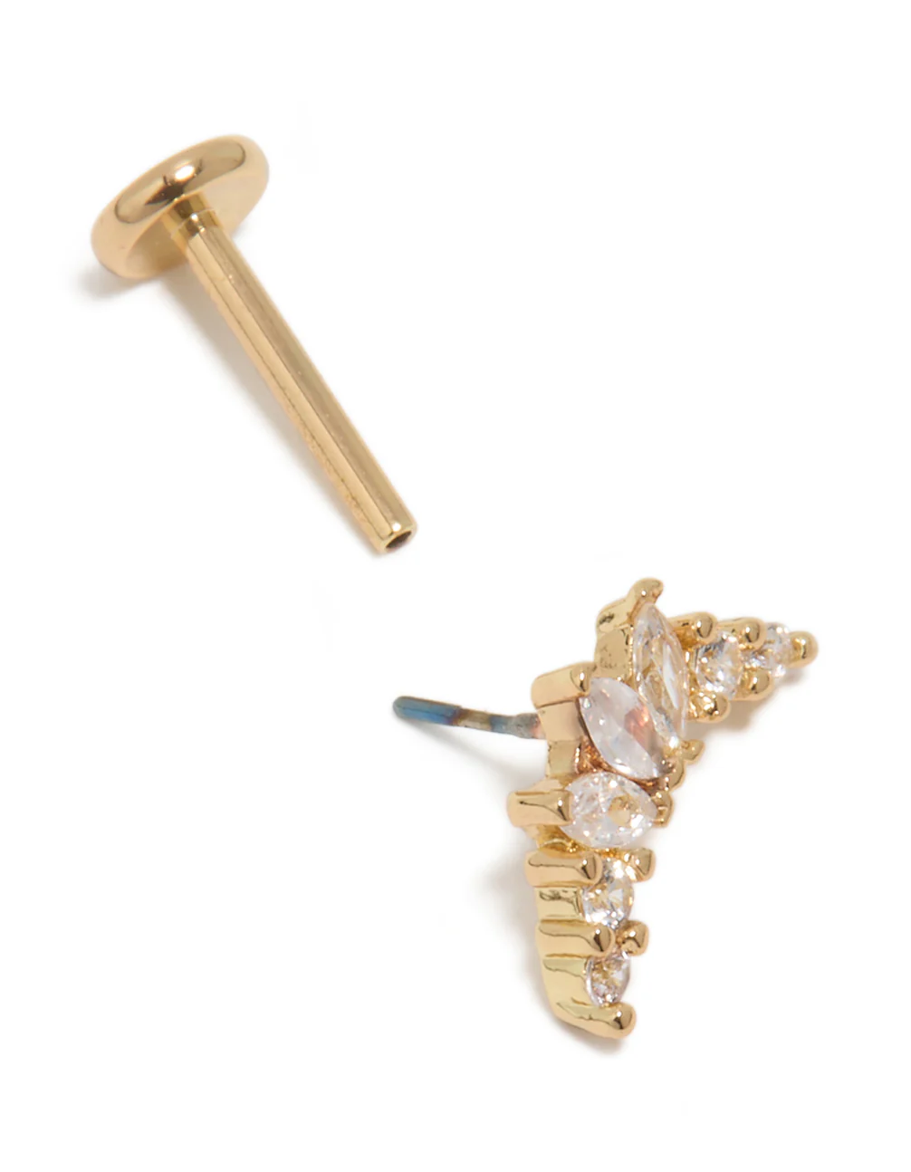 Gold Plated Titanium Cubic Zirconia Marquise Threadless Single Flat Back Stud - Image 3