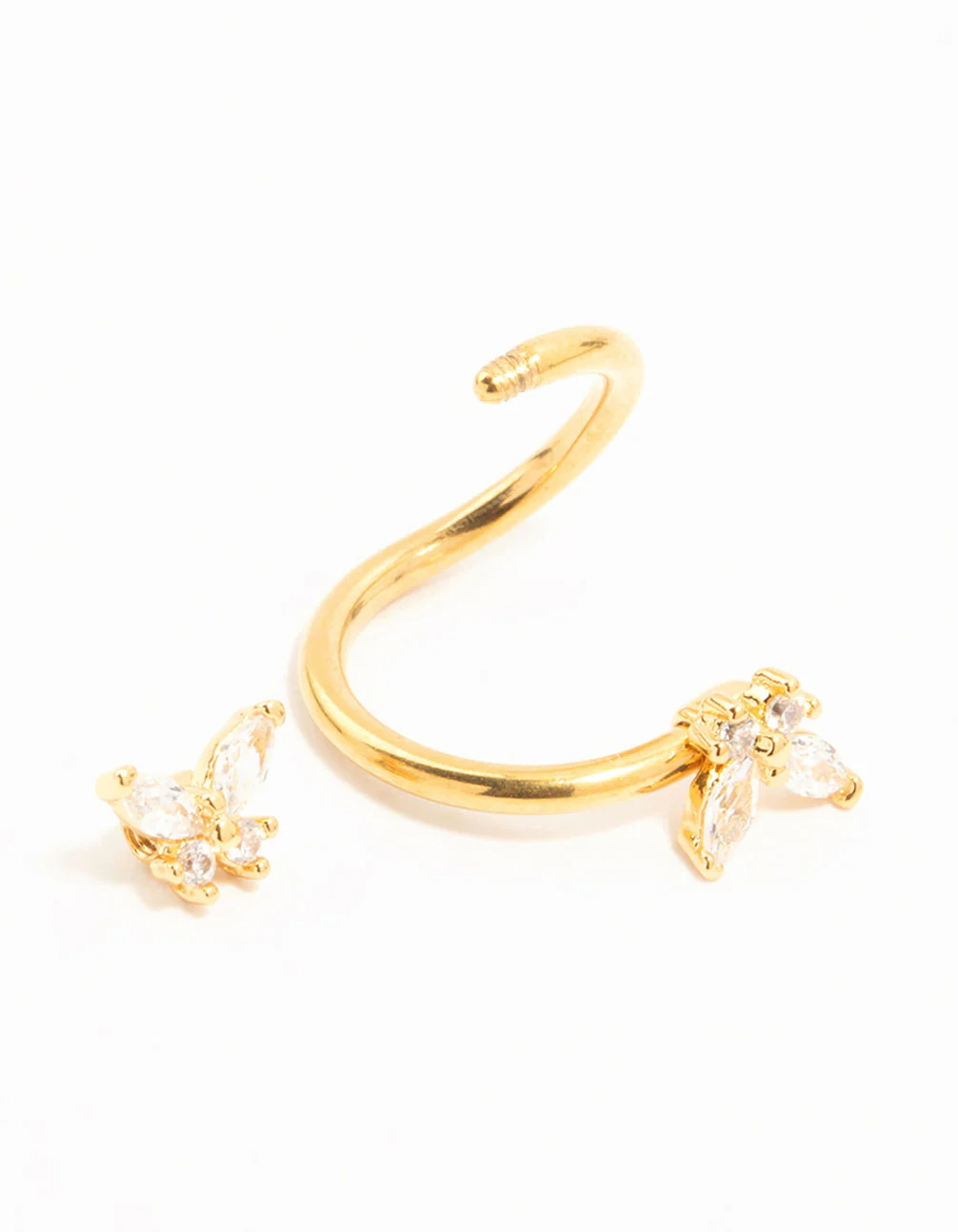 Gold Plated Titanium Twisted Double Cubic Zirconia Butterfly Belly Bar - Image 2