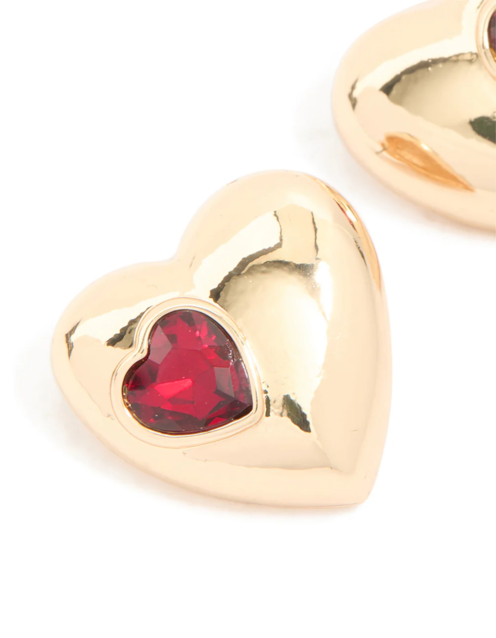 Gold Puffy Heart With Red Diamante Detail Stud Earrings - Image 4