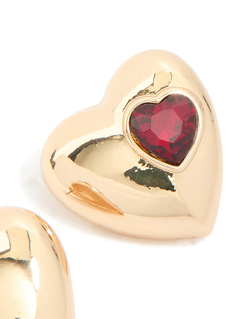 Gold Puffy Heart With Red Diamante Detail Stud Earrings - Image 5