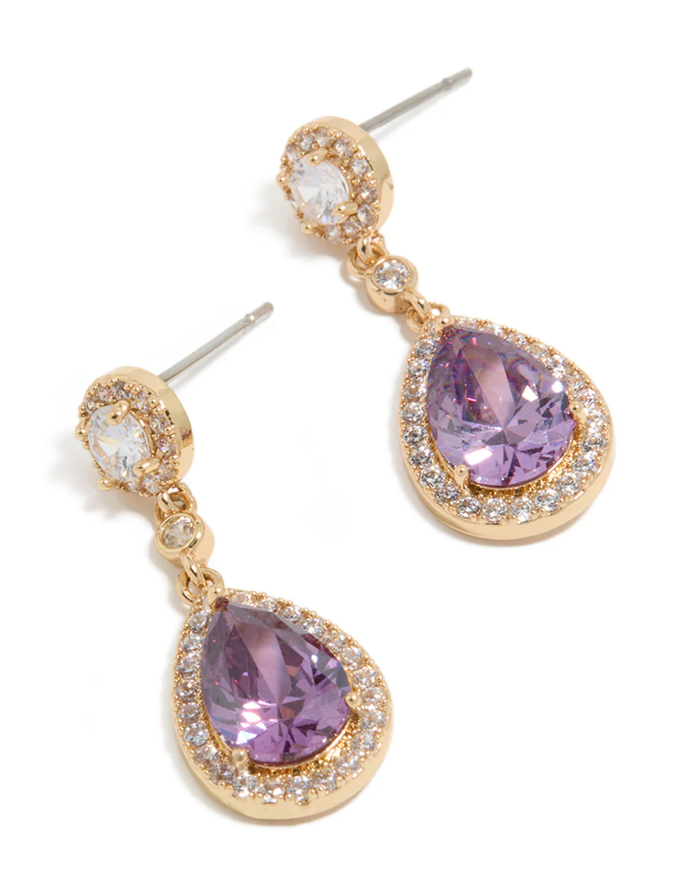 Gold Purple Cubic Zirconia Double Drop Earrings - Image 2