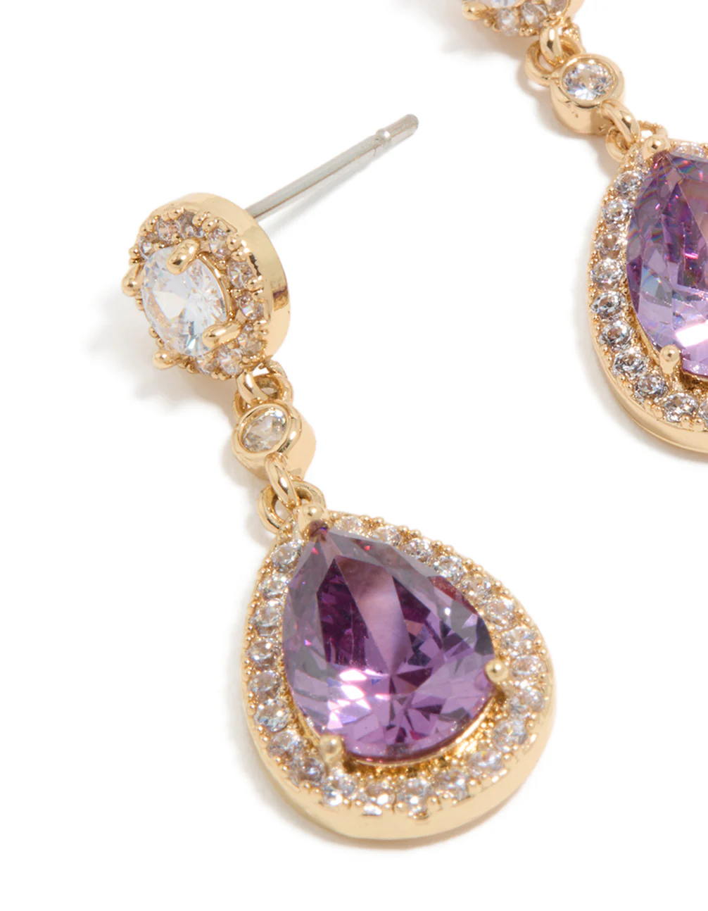 Gold Purple Cubic Zirconia Double Drop Earrings - Image 4