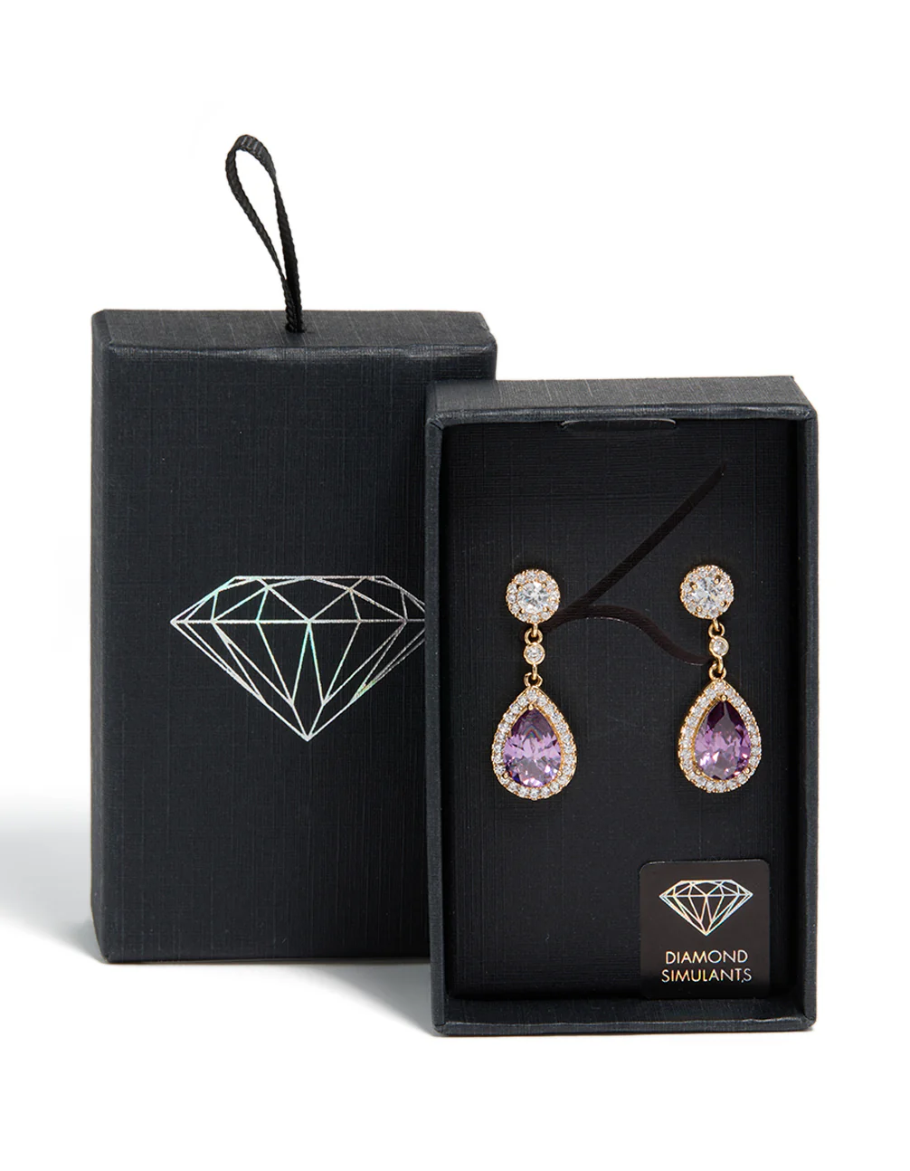 Gold Purple Cubic Zirconia Double Drop Earrings - Image 5
