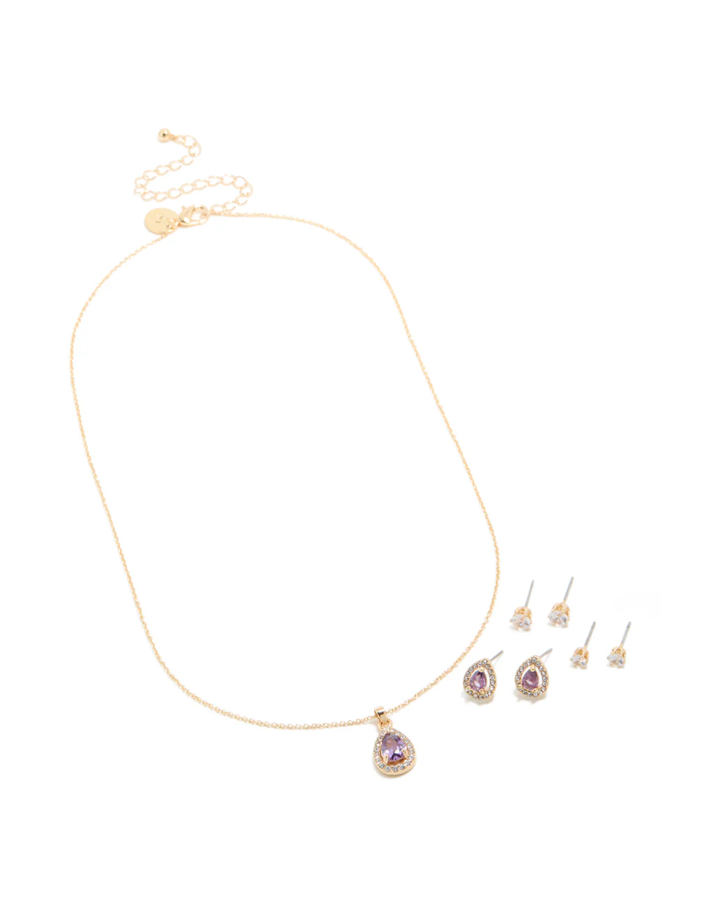 Gold Purple Cubic Zirconia Necklace & Earrings Set - Image 2