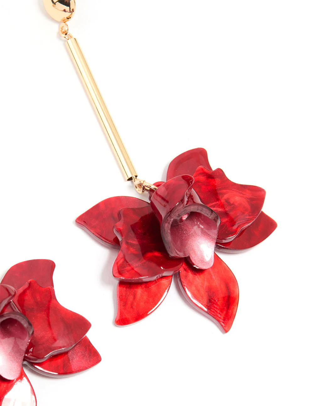 Gold Red Acrylic Orchid & Chain Drop Earrings - Image 5