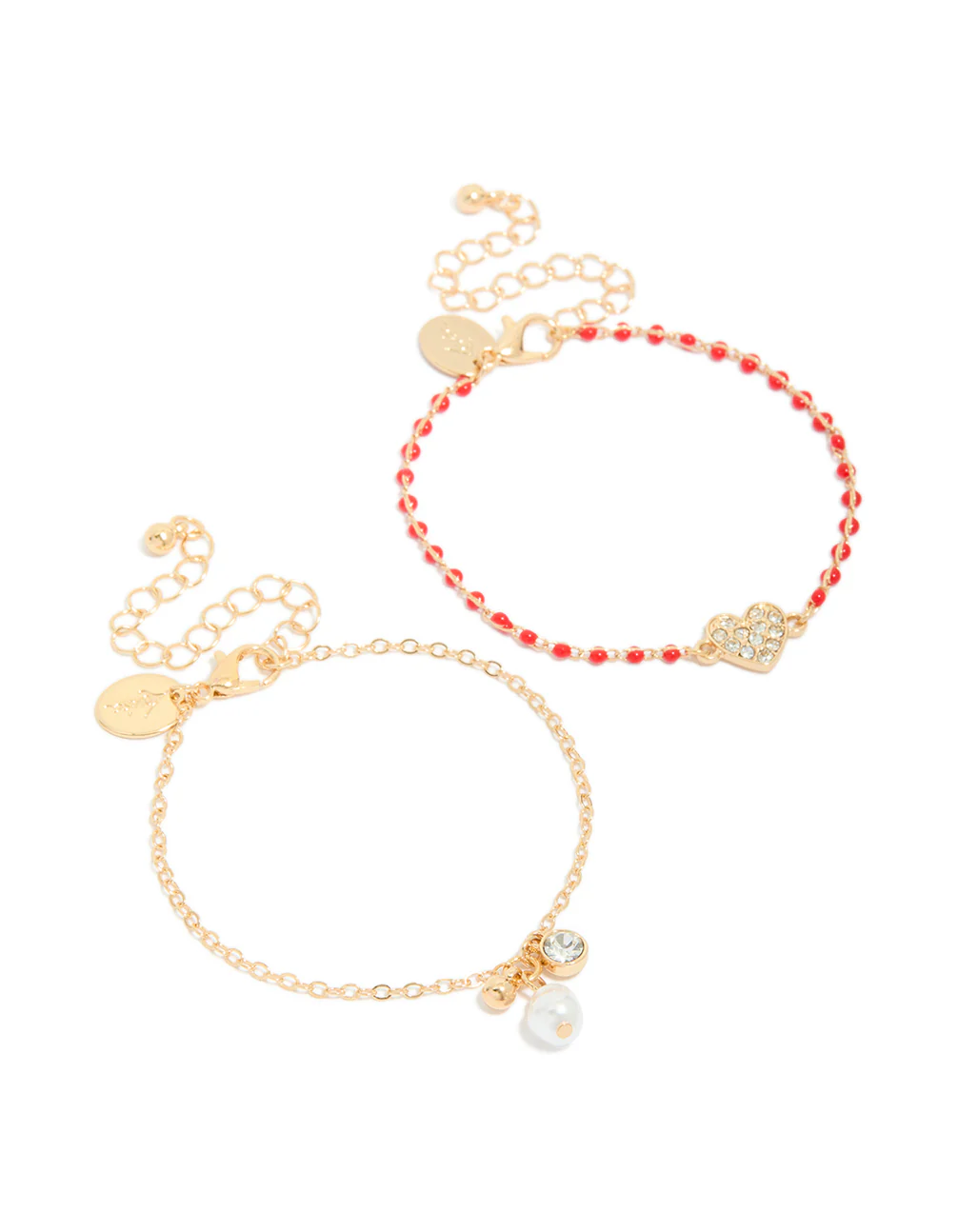 Gold Red Beaded Diamante Heart & Pearl Bracelets 2-Pack