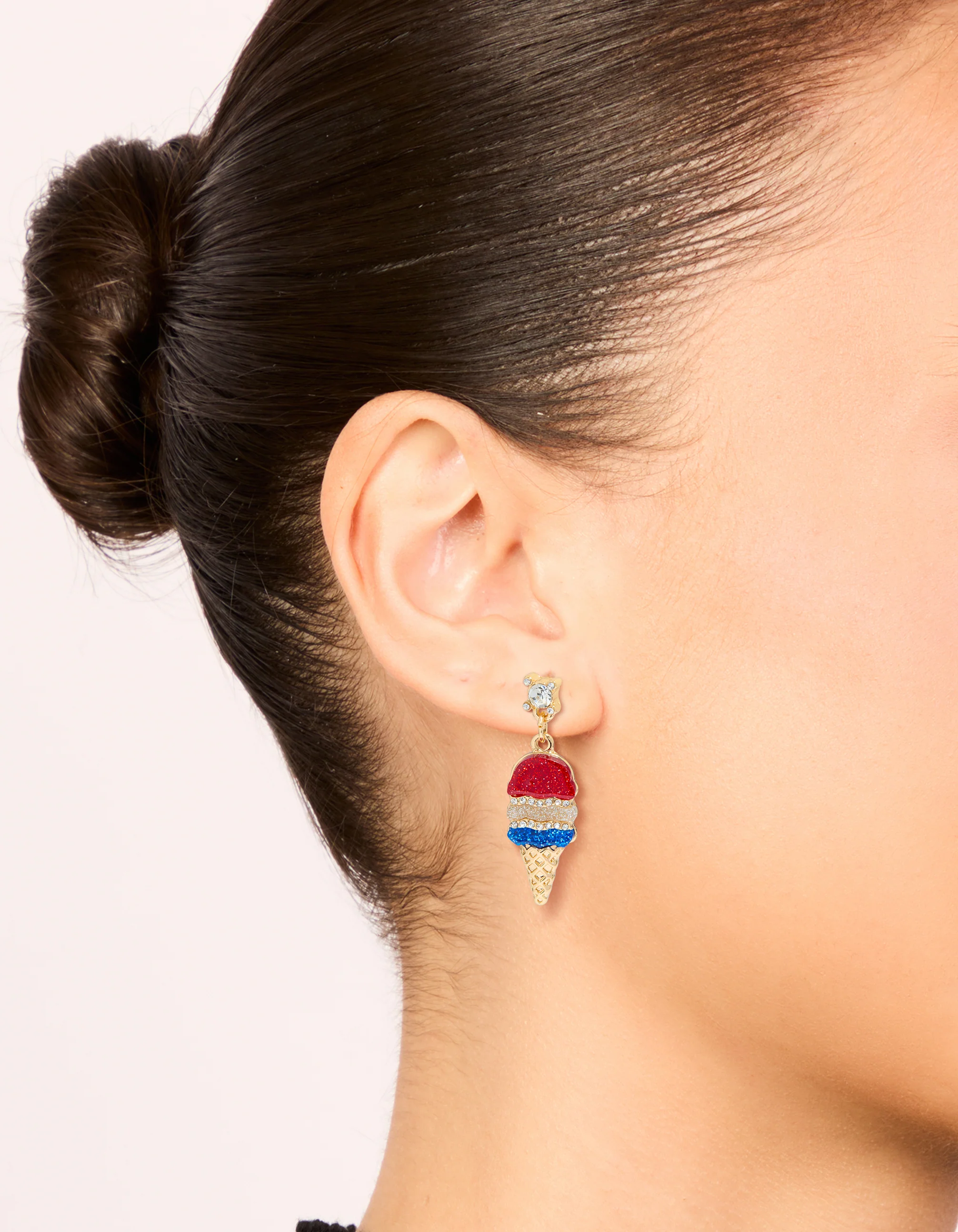 Gold Red Blue & Clear Diamante Ice Cream Cone Drop Earrings - Image 2