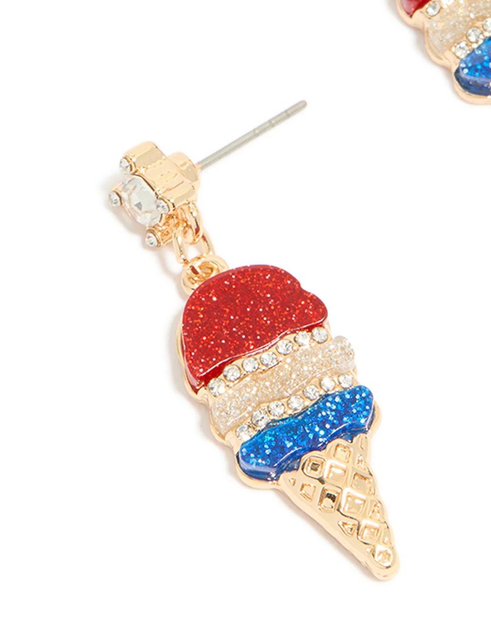 Gold Red Blue & Clear Diamante Ice Cream Cone Drop Earrings - Image 4