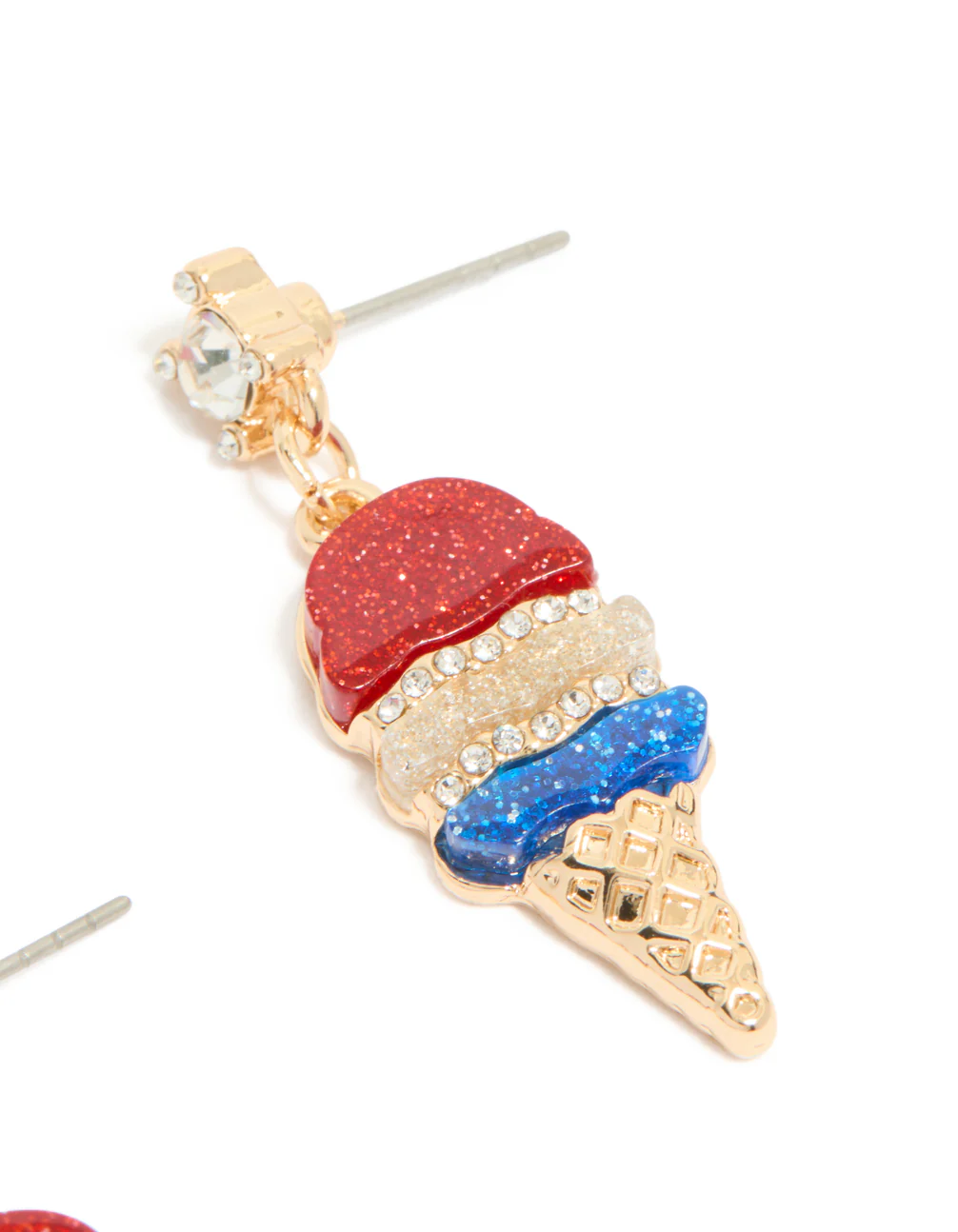 Gold Red Blue & Clear Diamante Ice Cream Cone Drop Earrings - Image 5