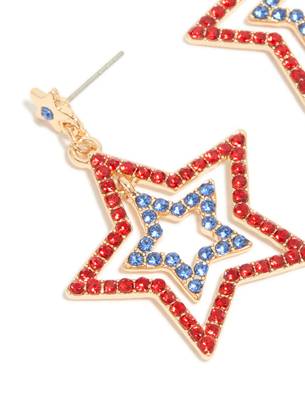 Gold Red & Blue Diamante Triple Star Drop Earrings - Image 4
