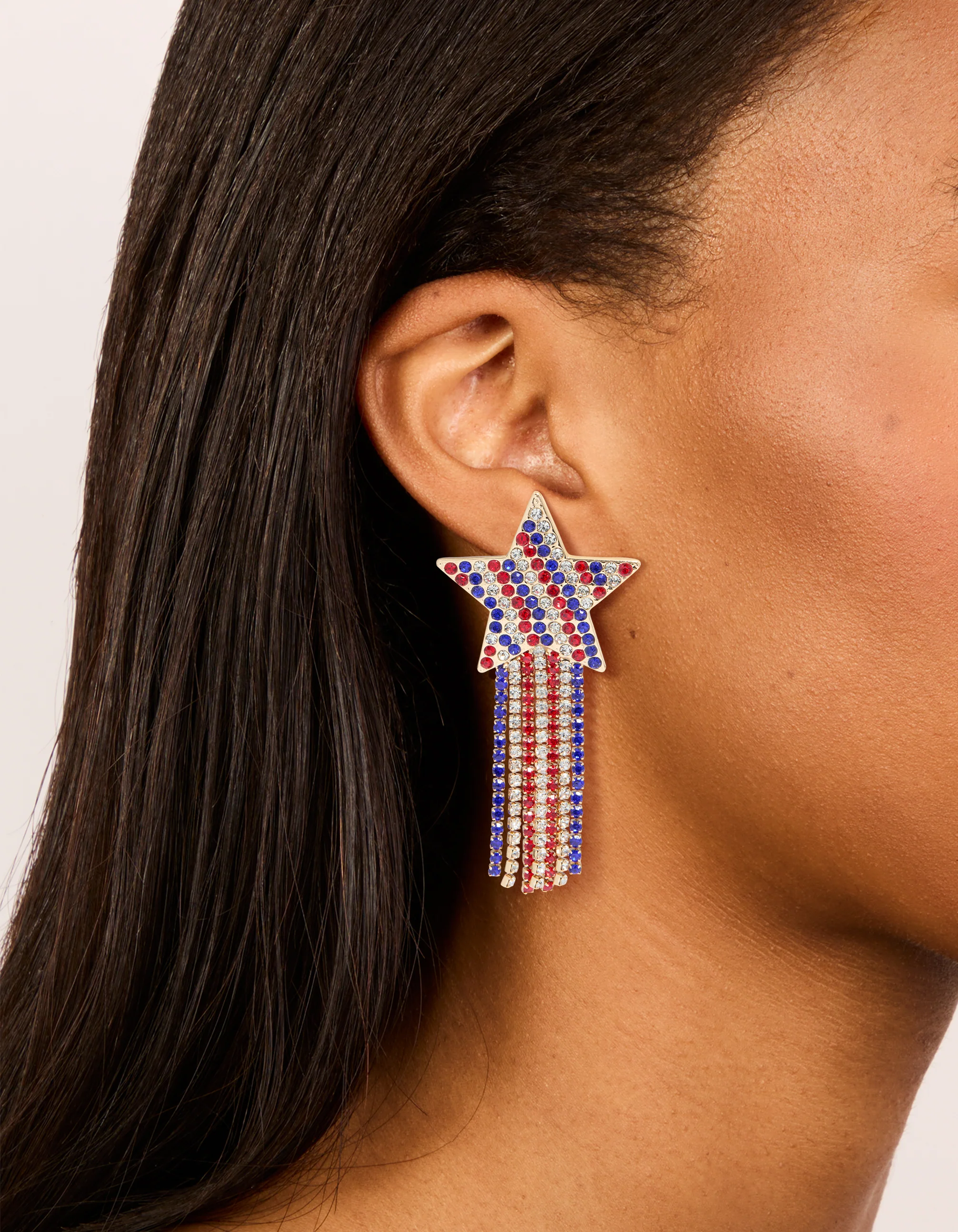 Gold Red Clear & Blue Diamante Cup Chain Star Drop Earrings - Image 2
