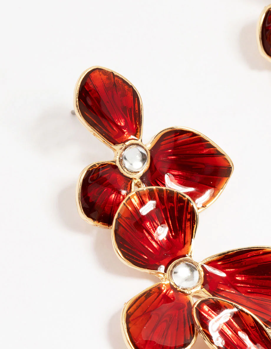 Gold Red Enamel Triple Flower Drop Earrings - Image 4