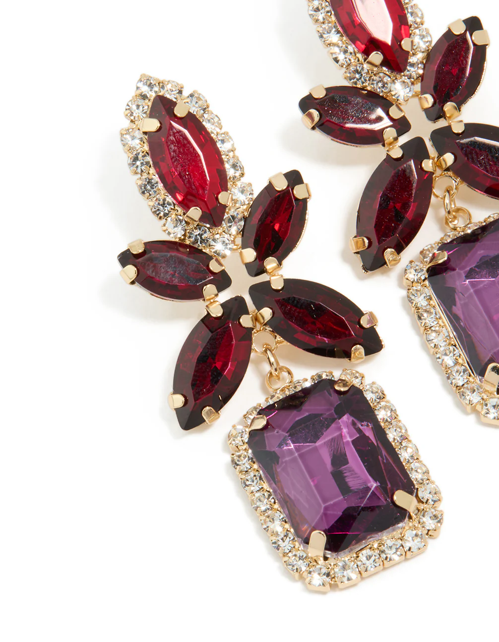 Gold Red & Purple Diamante Flower Square Drop Earrings - Image 4