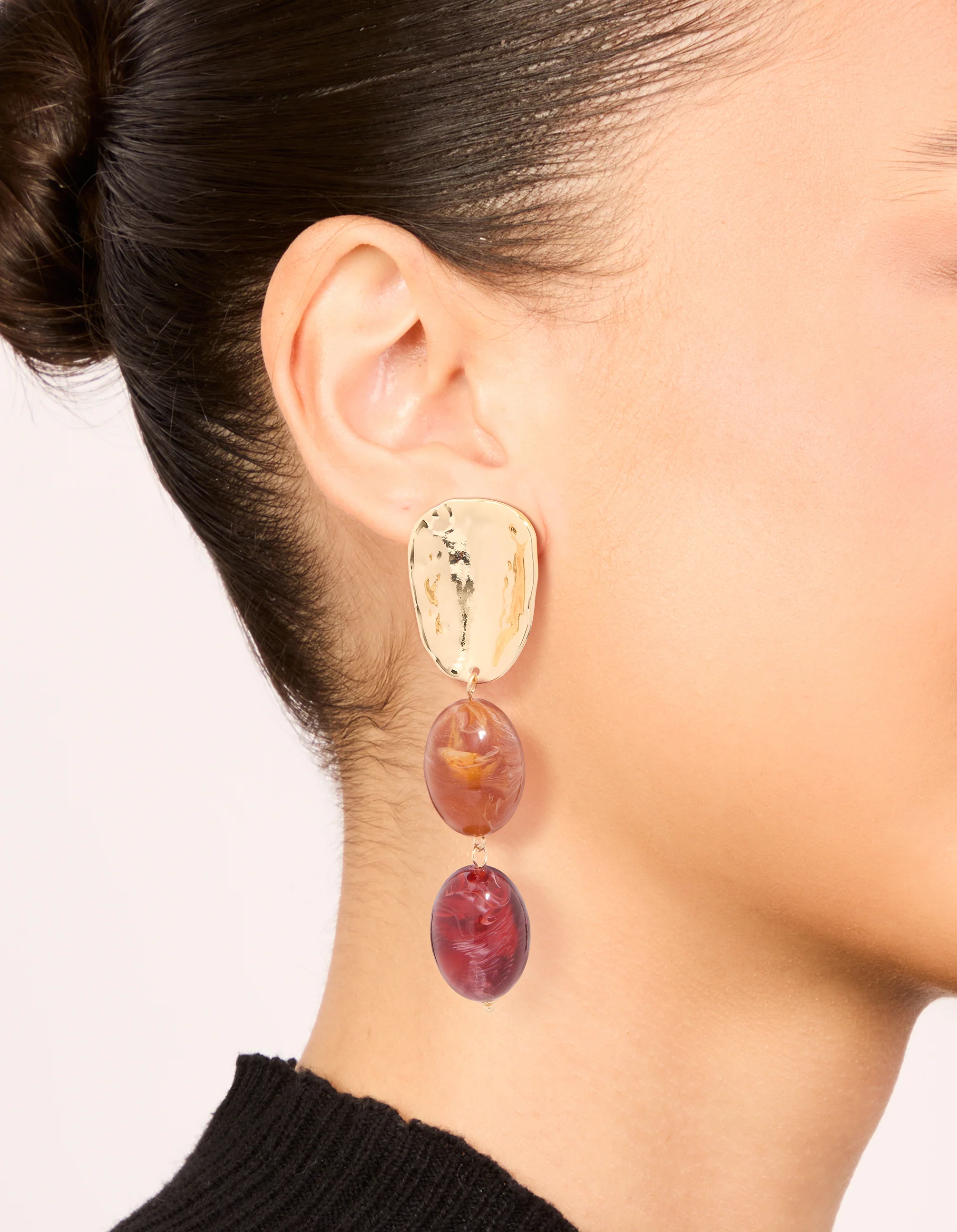 Gold Red Resin Beaded Drop Earrings - Image 2