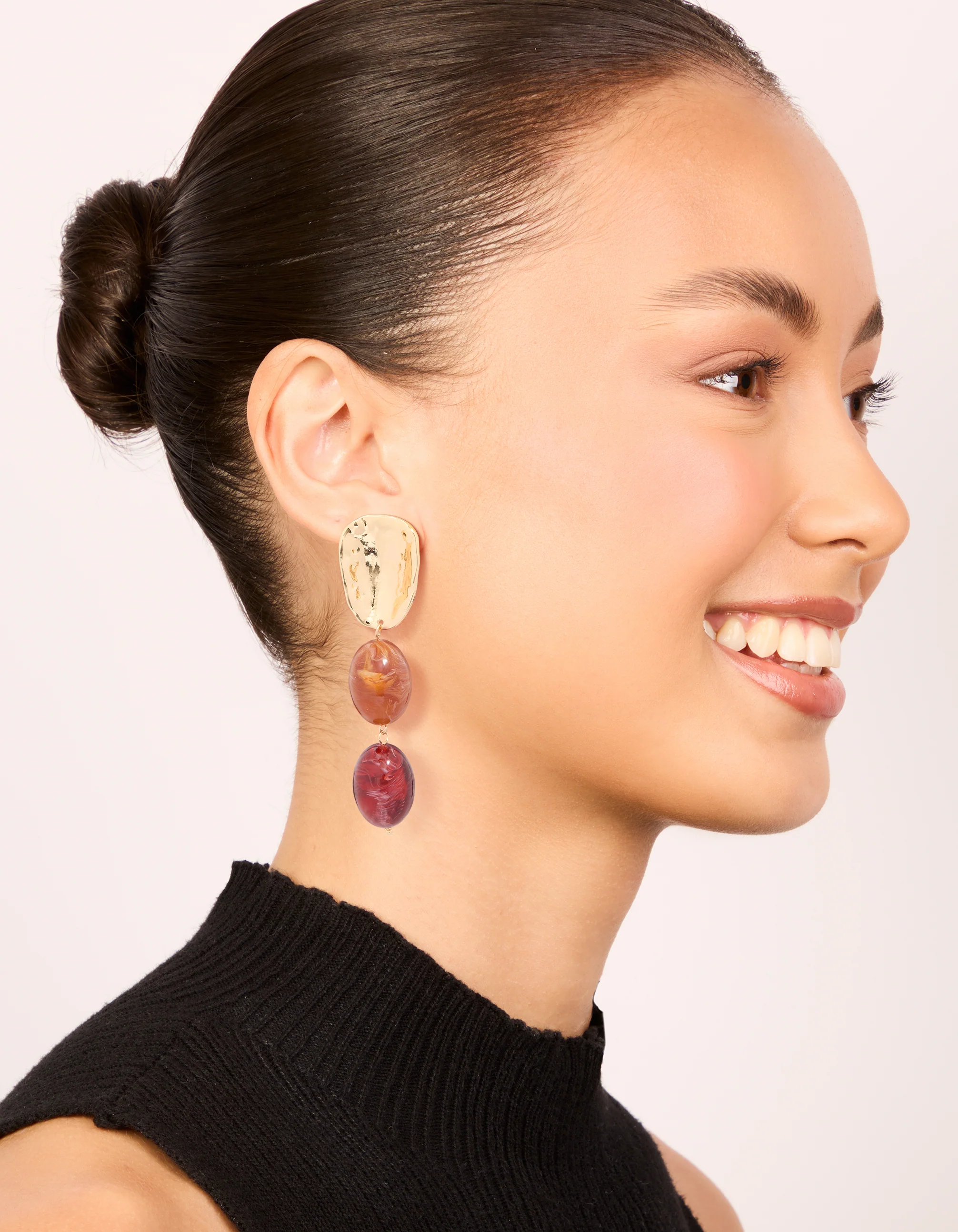Gold Red Resin Beaded Drop Earrings - Image 3