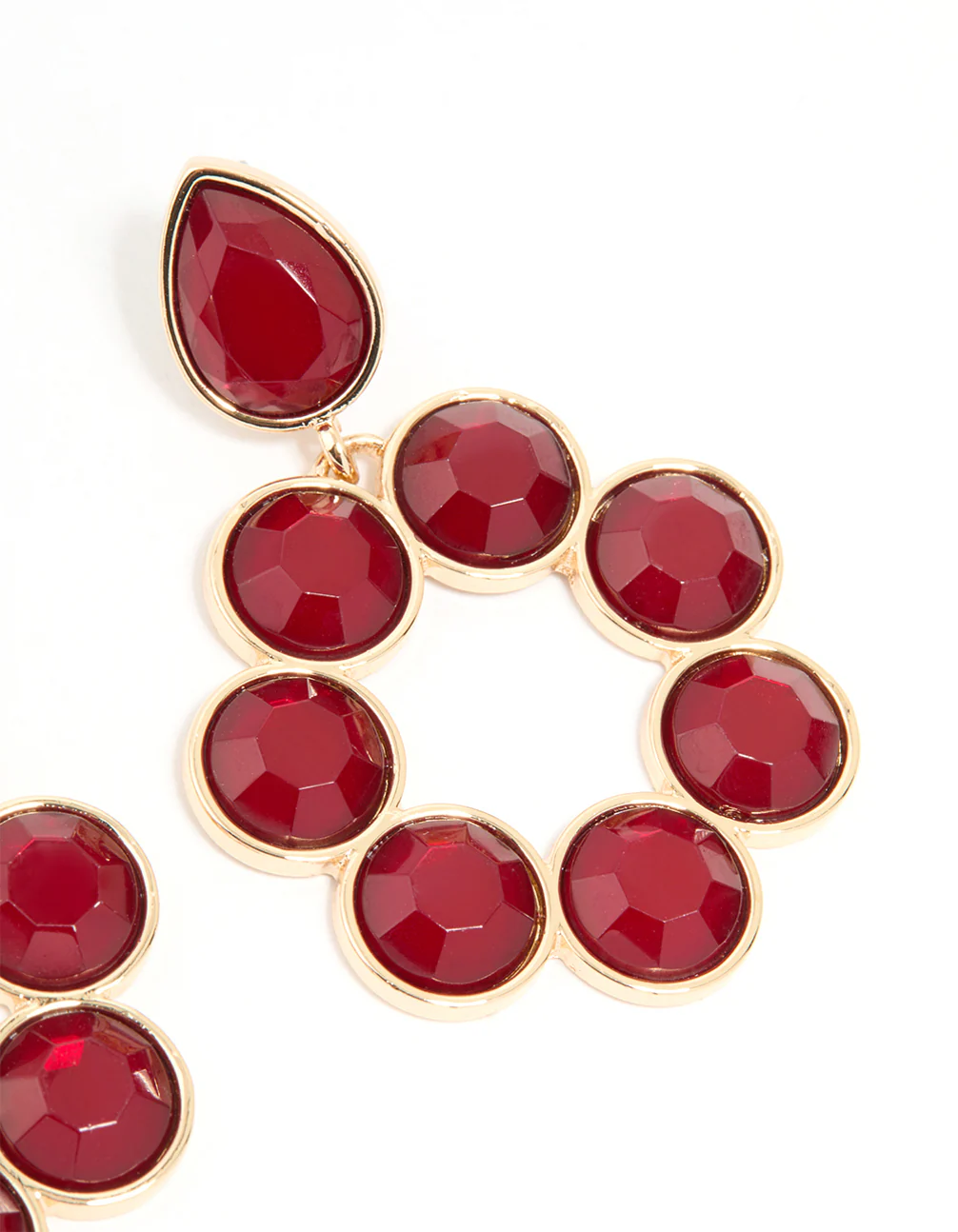 Gold Red Round Stone Drop Earrings - Image 5