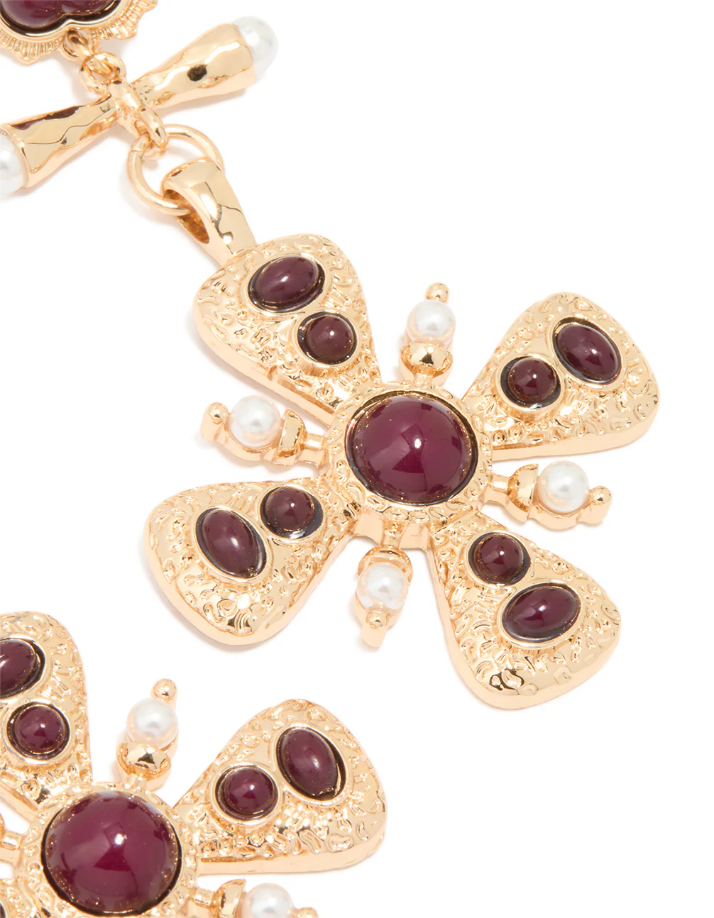 Gold Red Stone Heart & Cross Drop Earrings - Image 3