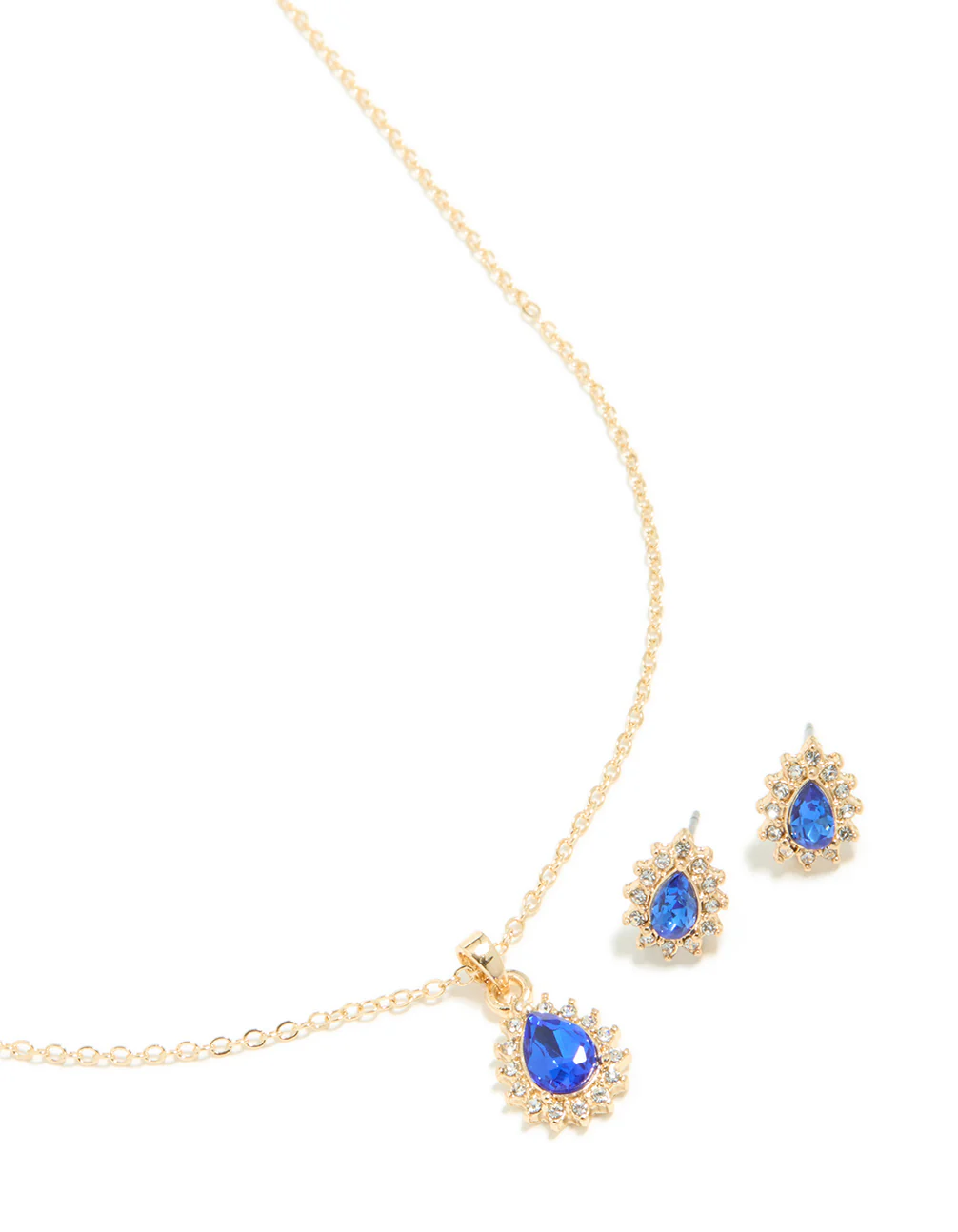 Gold Sapphire Diamante Pear Necklace & Earrings Set