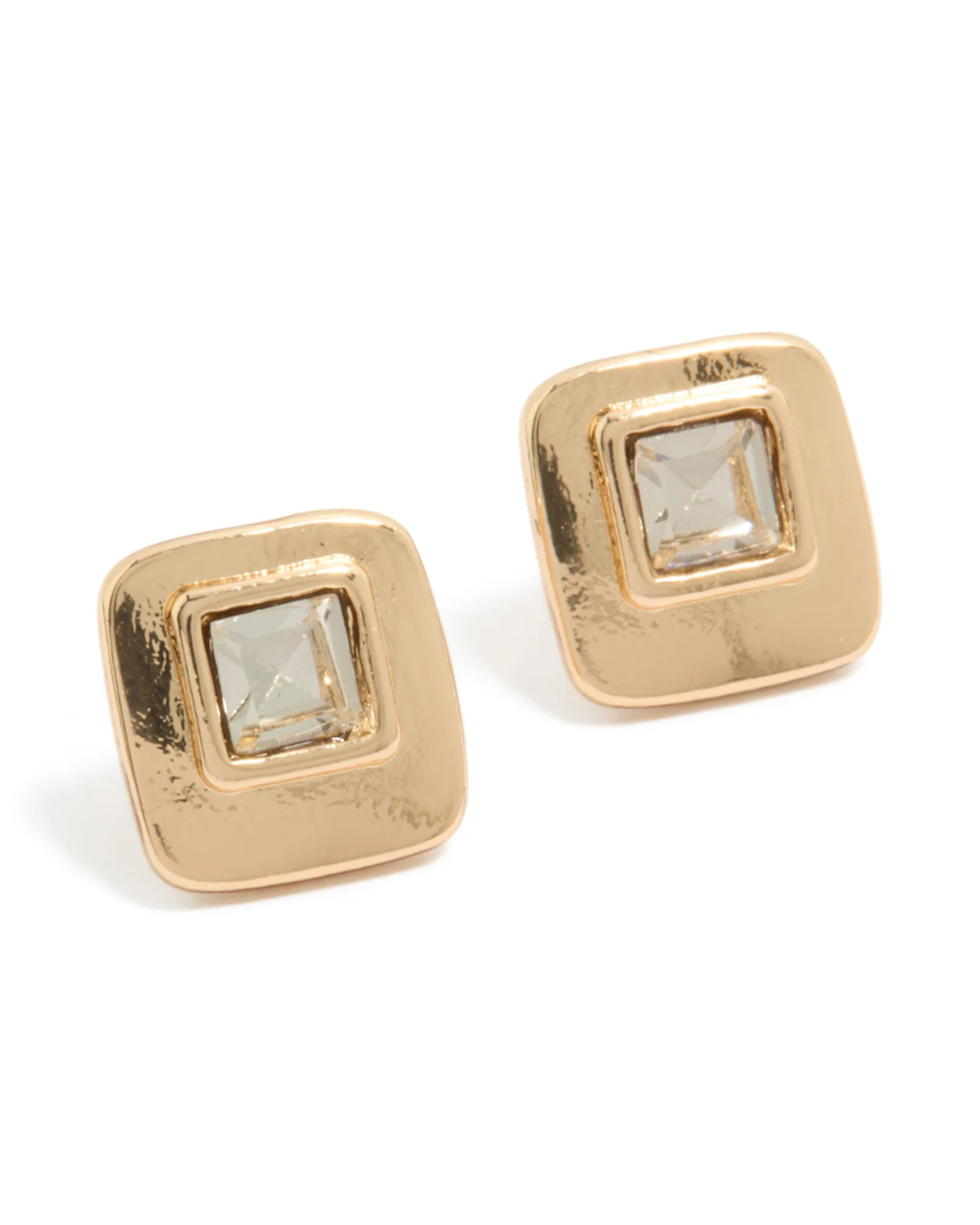 Gold Square Diamante Stud Earrings