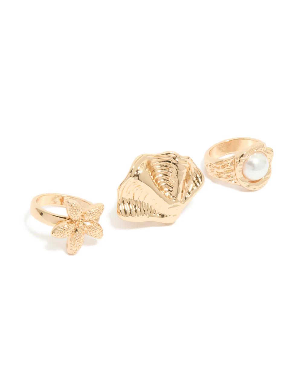 Gold Textured Starfish & Shell Rings 3-Pack - Image 2