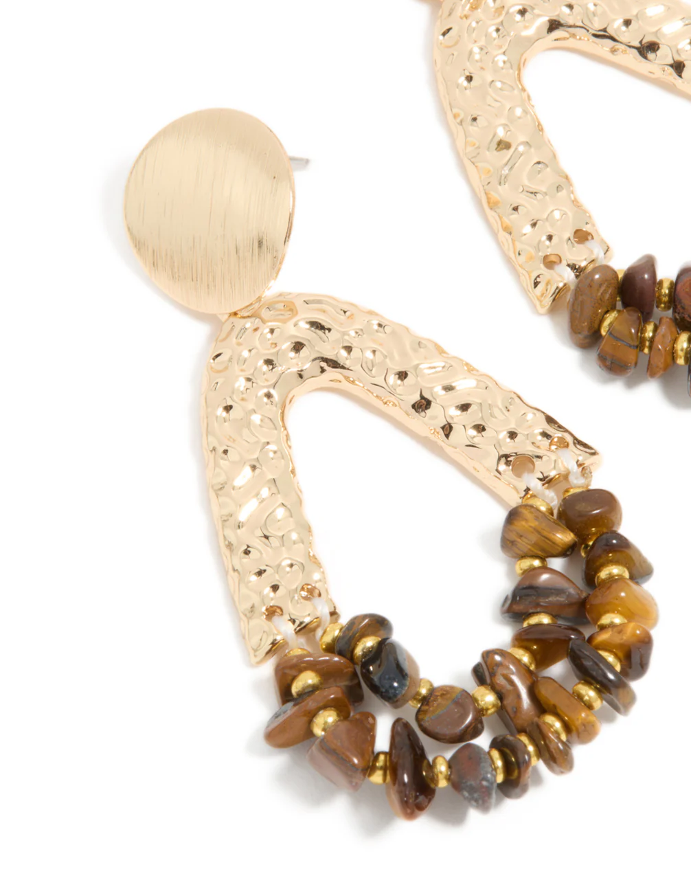 Gold Tigers Eye Semi Precious Stone Chip & Molten Drop Earrings - Image 4