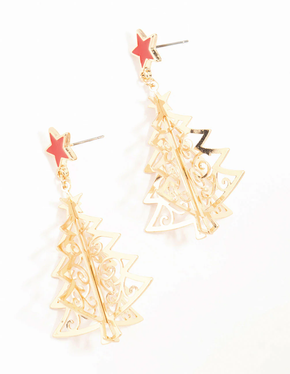 Gold Tree With Red Star Drop Earrings