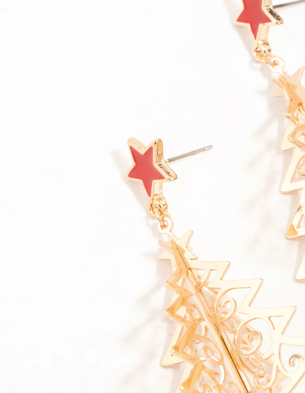Gold Tree With Red Star Drop Earrings - Image 2