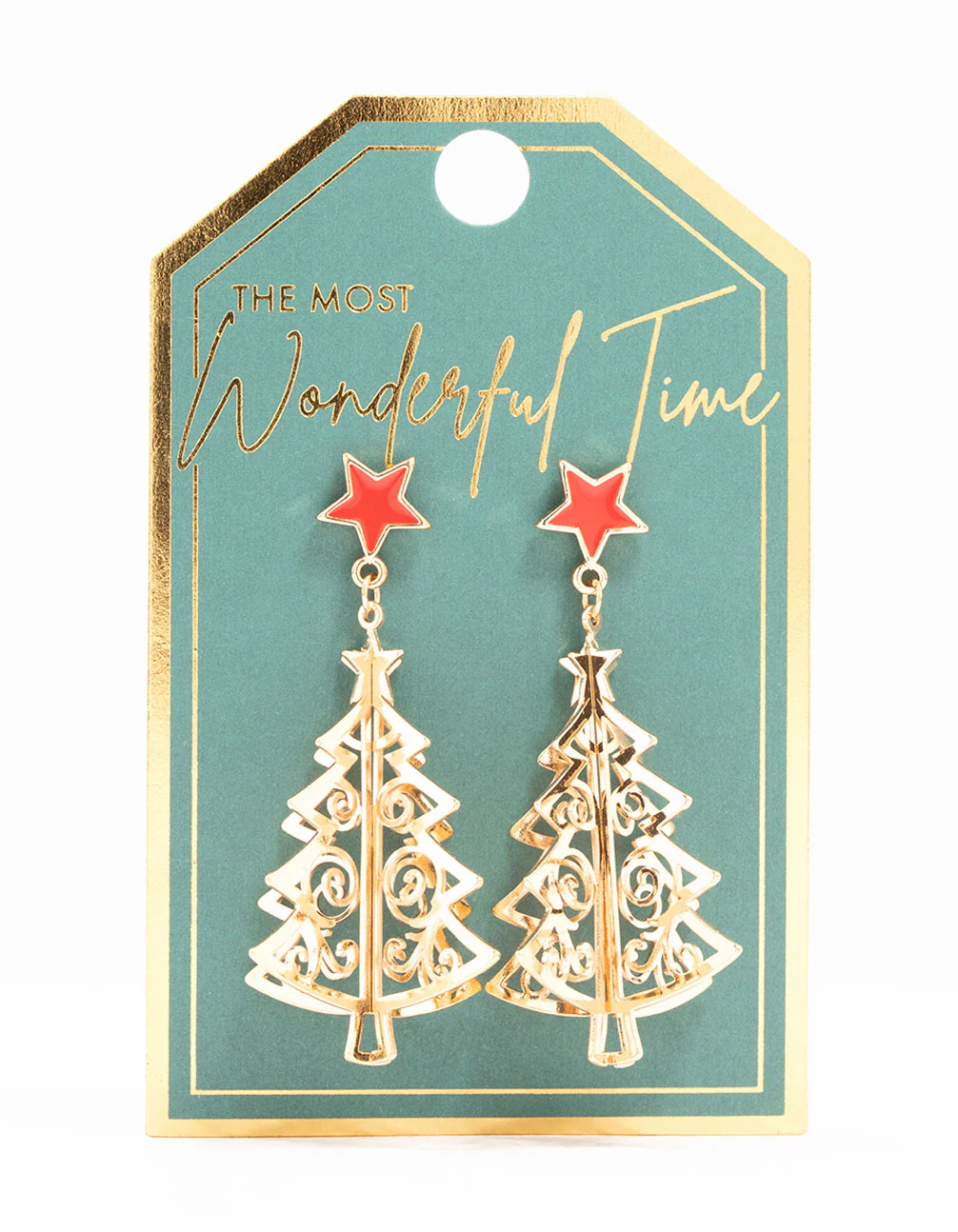 Gold Tree With Red Star Drop Earrings - Image 3