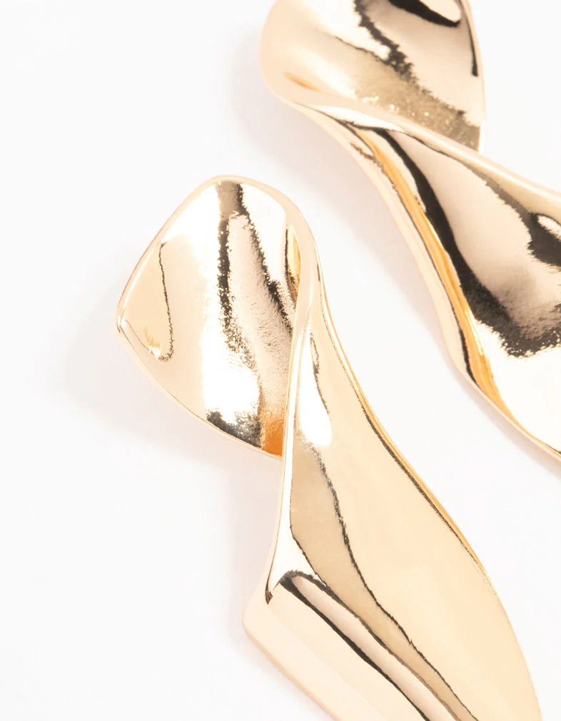 Gold Twisted Folded Long Drop Earrings - Image 2