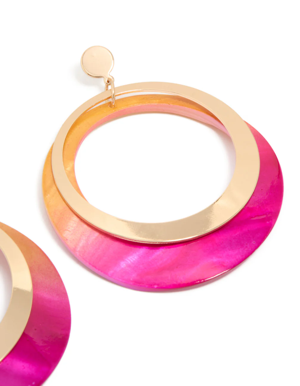 Gold Two Tone Pink Shell Open Disc Drop Earrings - Image 3