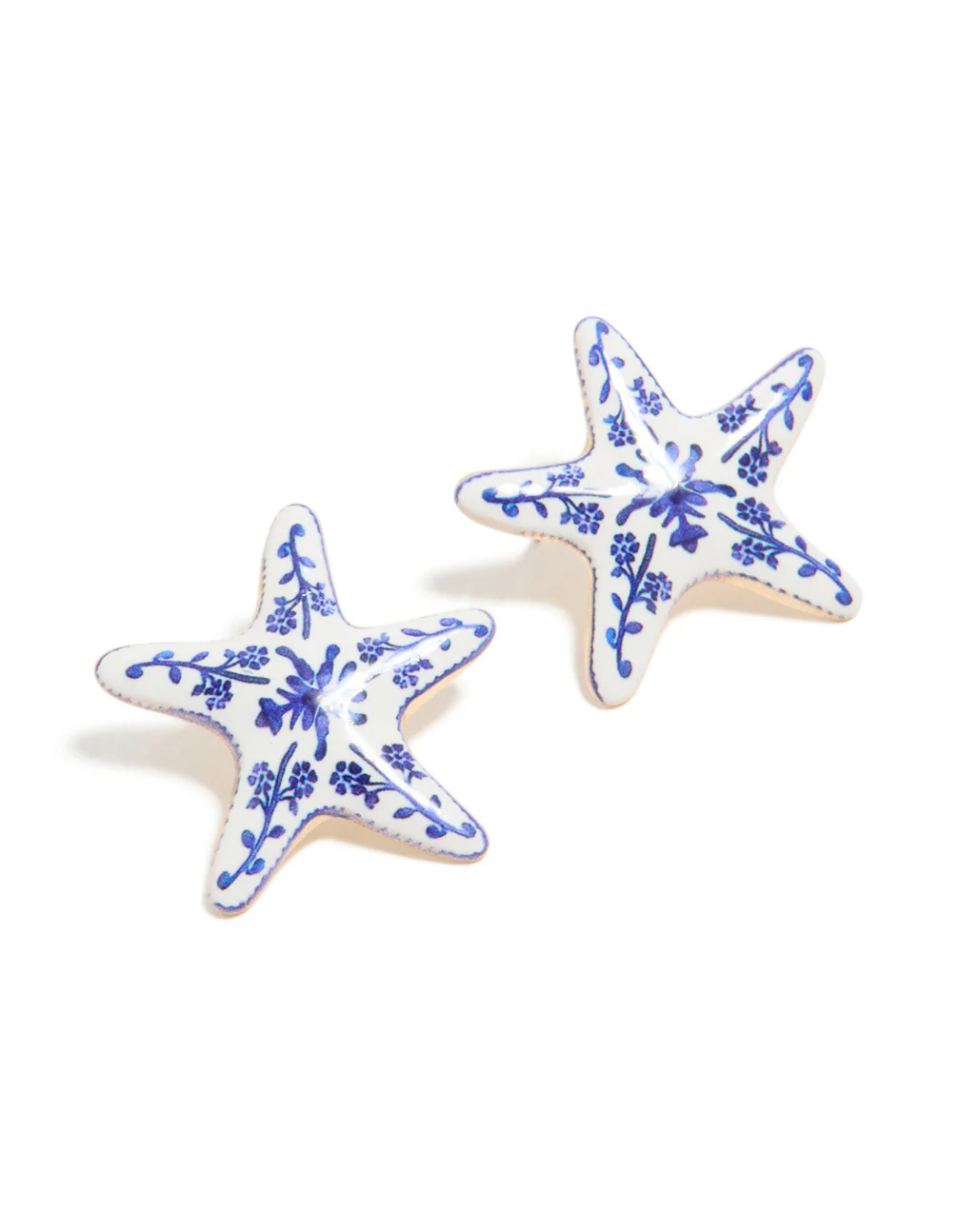 Gold White & Dark Blue Painted Floral Starfish Stud Earrings - Image 2