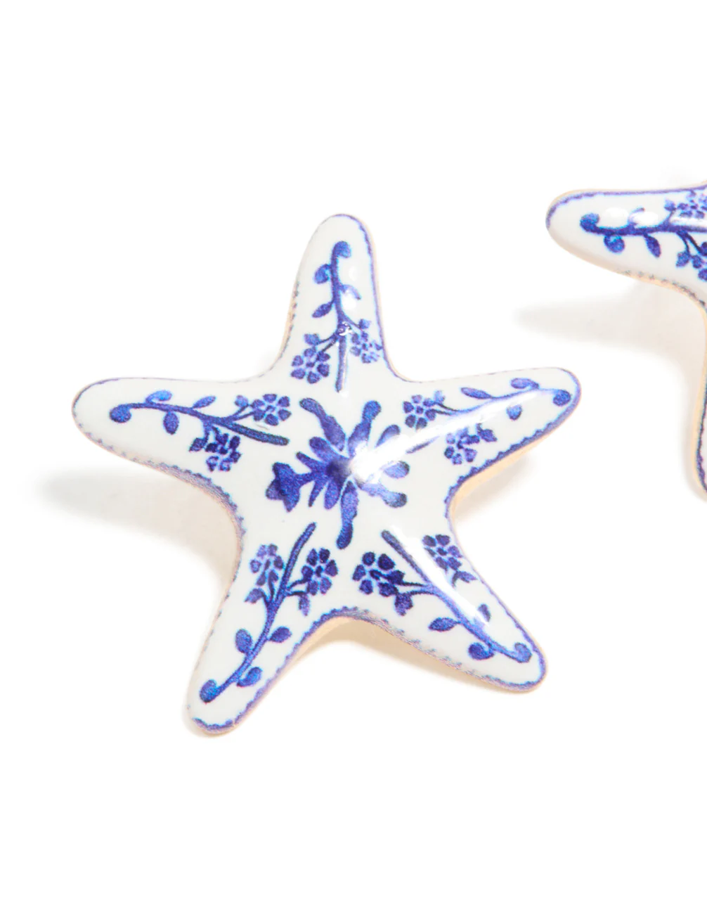 Gold White & Dark Blue Painted Floral Starfish Stud Earrings - Image 4