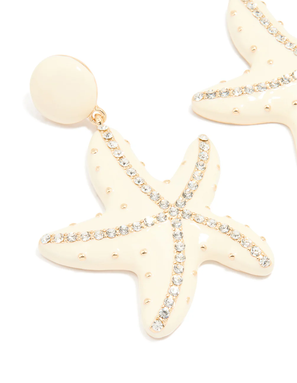 Gold White Enamel Diamante Starfish Earrings - Image 2