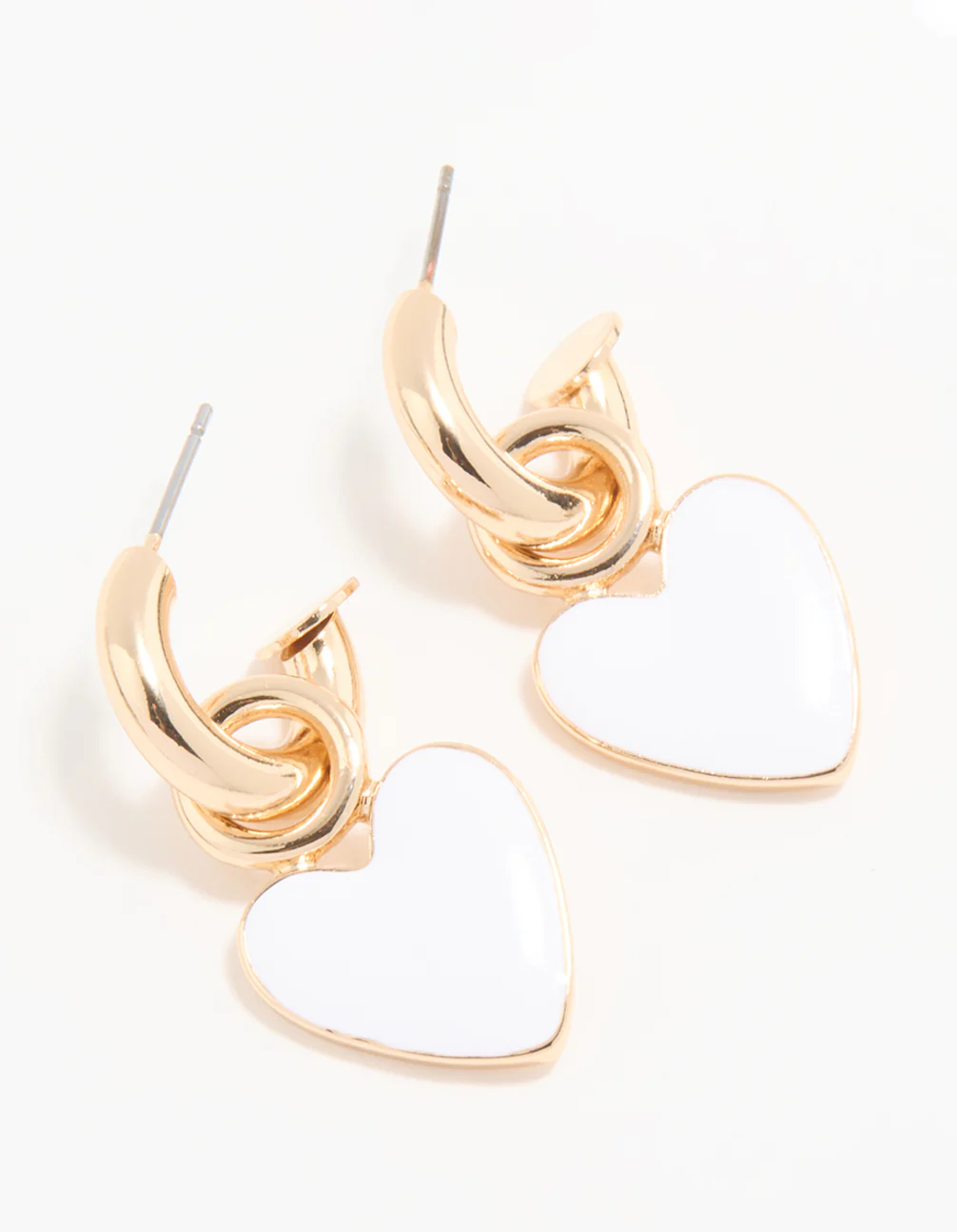 Gold White Enamel Heart Huggie Drop Earrings