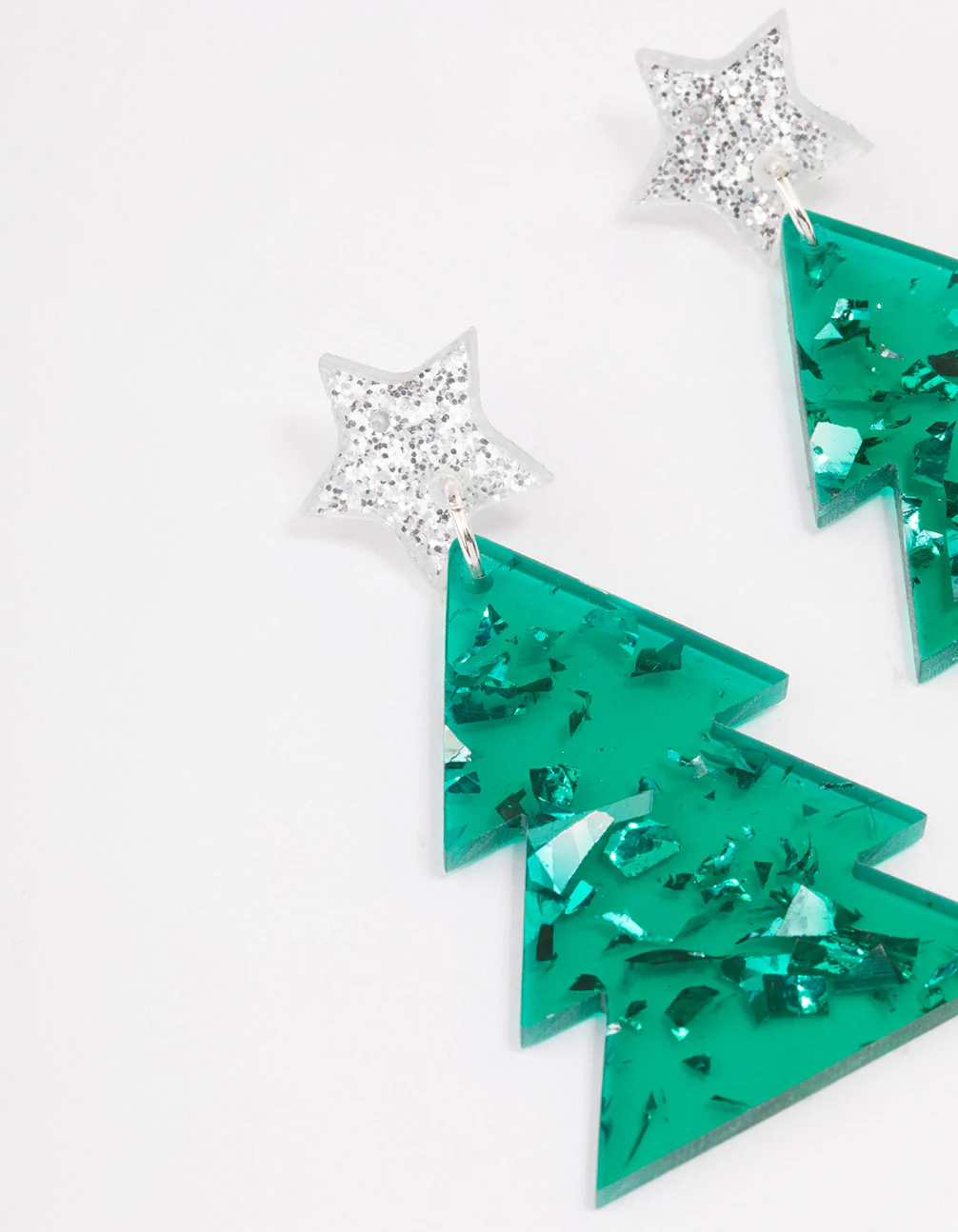 Green Acrylic With Silver Star Tree Earrings - Image 2